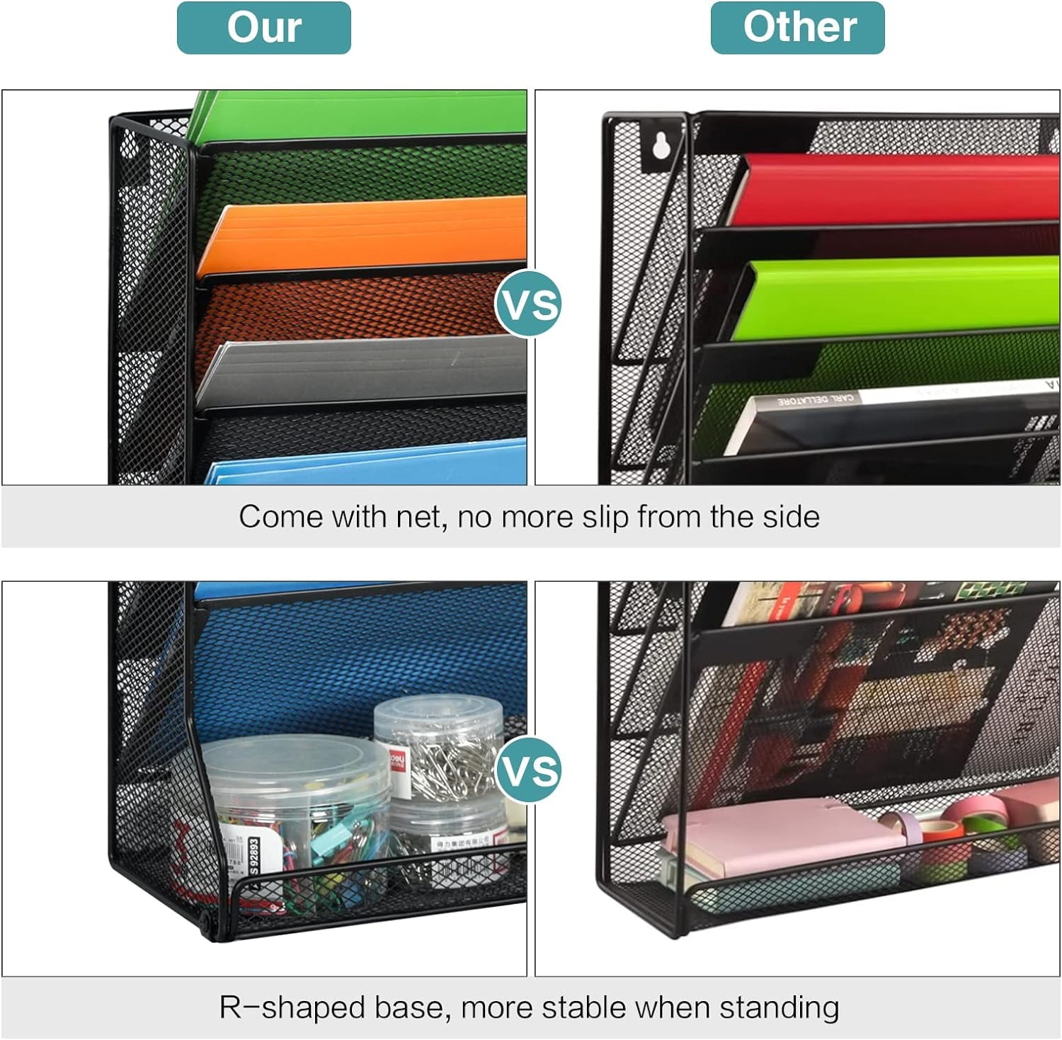 X-COSRACK 4-Tier Wall Mounted File Organizer, Adjustable Metal Mesh Paper Holder with Stable R-Shaped Base, Desktop Hanging Magazine Rack fo - Image 2