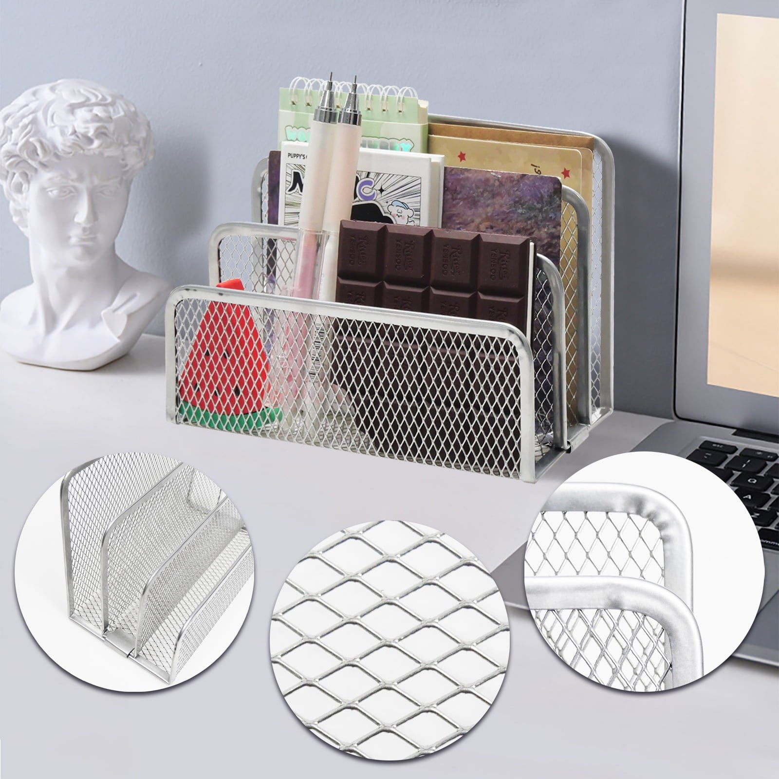 Organizer, Metal Mesh Letter Holder File Sorter, top Organizer for Home Office, 2 Pack, 6.8"x3.5"x5.1", Black+Silver - Image 3