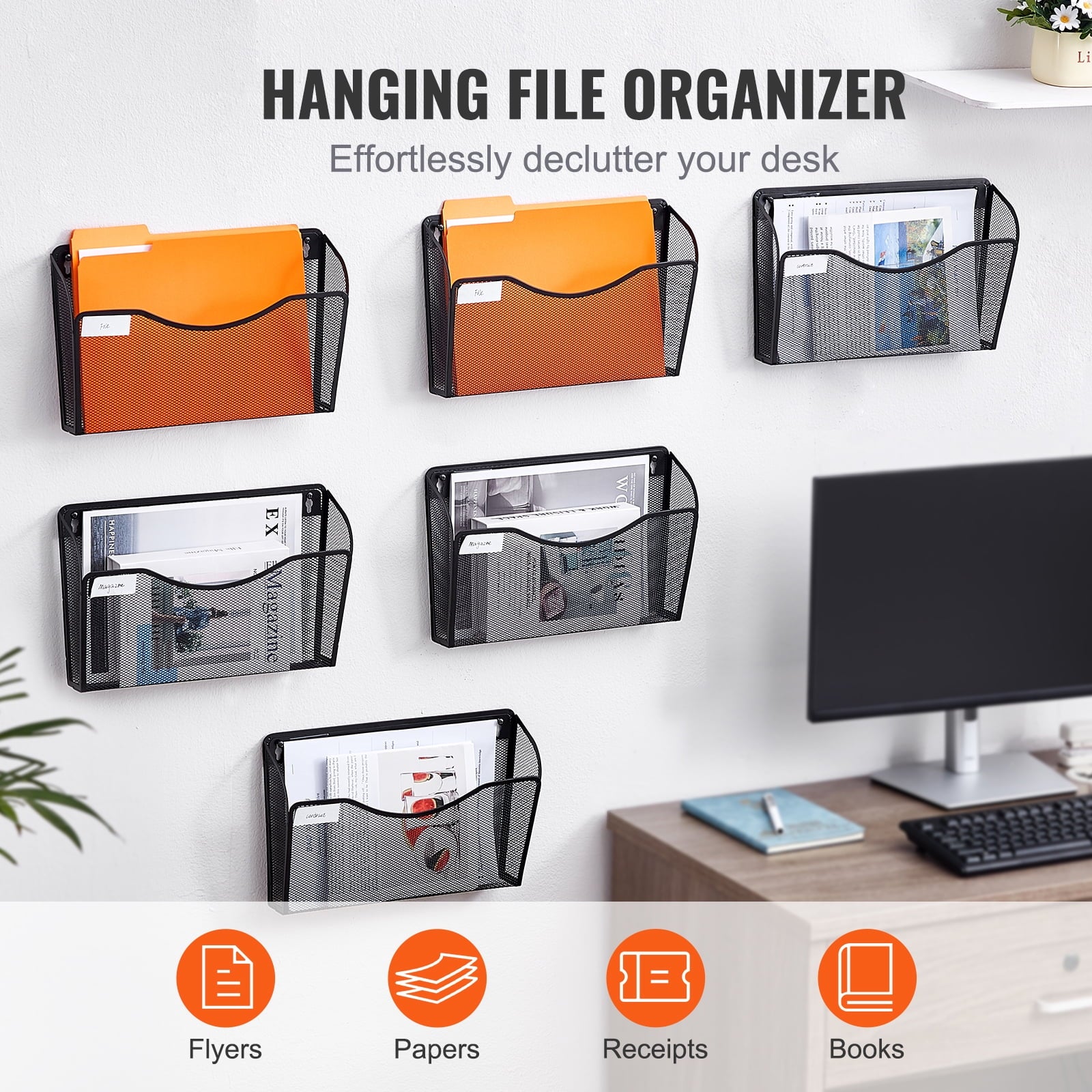 KFFKFF Wall File Rack, 6-Unit Single Pocket Mesh Organizer, Wall-Hanging Magazine, Mail, Document & Paper Storage Folder, Metal Wall-Mounted - Image 3