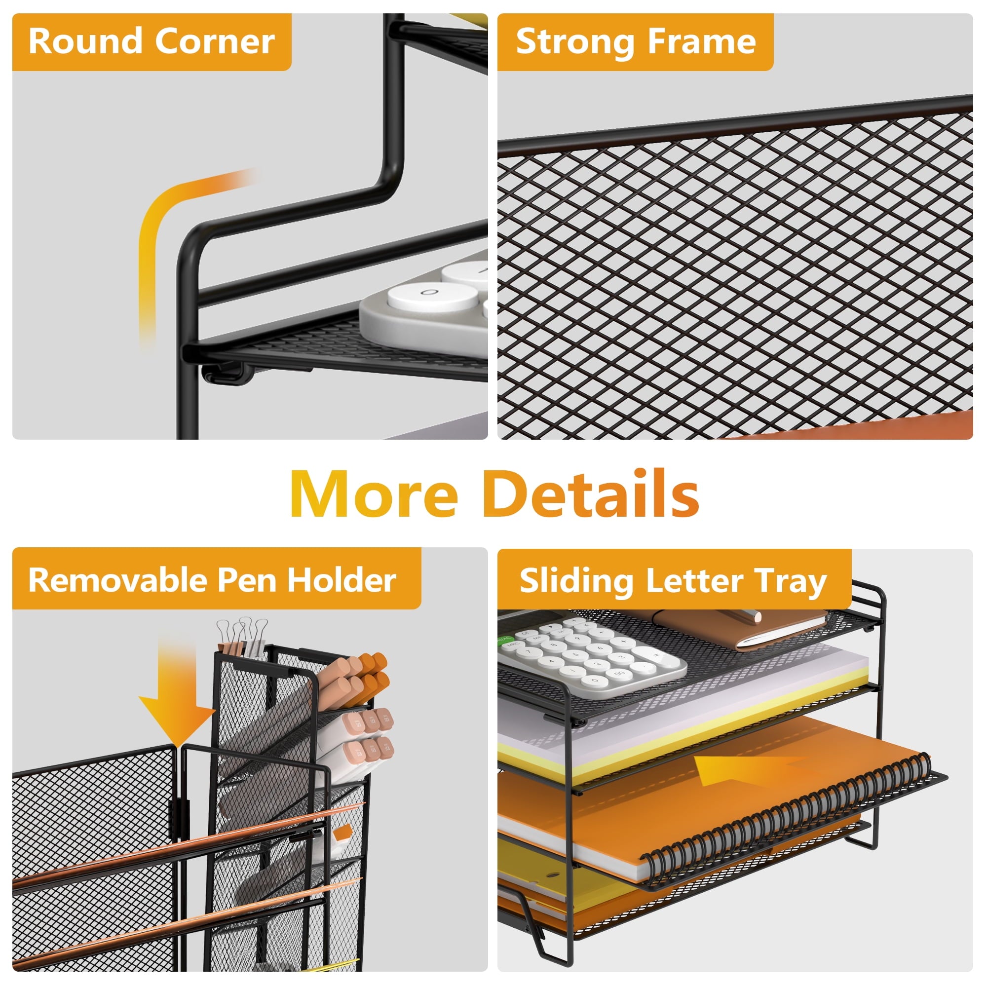7-Tier Metal Mesh Desk File Organizer with 4 Pen Holder, Paper Organizer, Black - Image 6