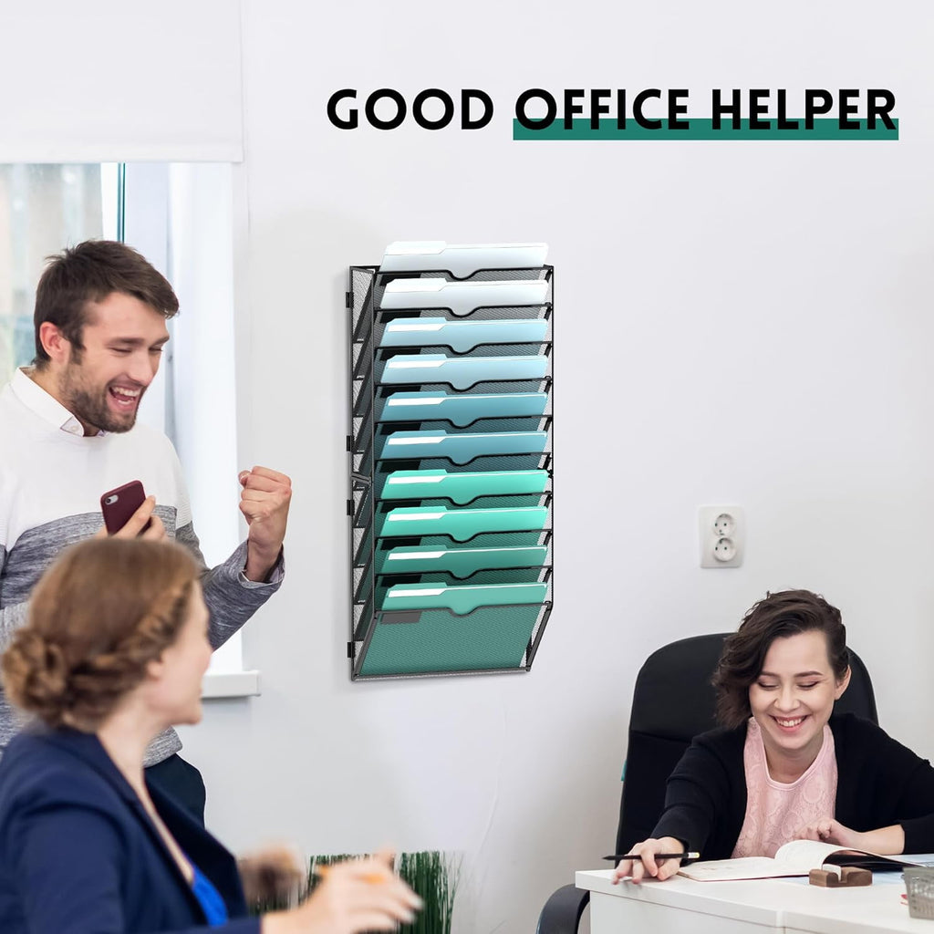 10-Tier Metal Mesh Wall File Organizer, Hanging Paper Organization, Black, Screw Mount - Image 5