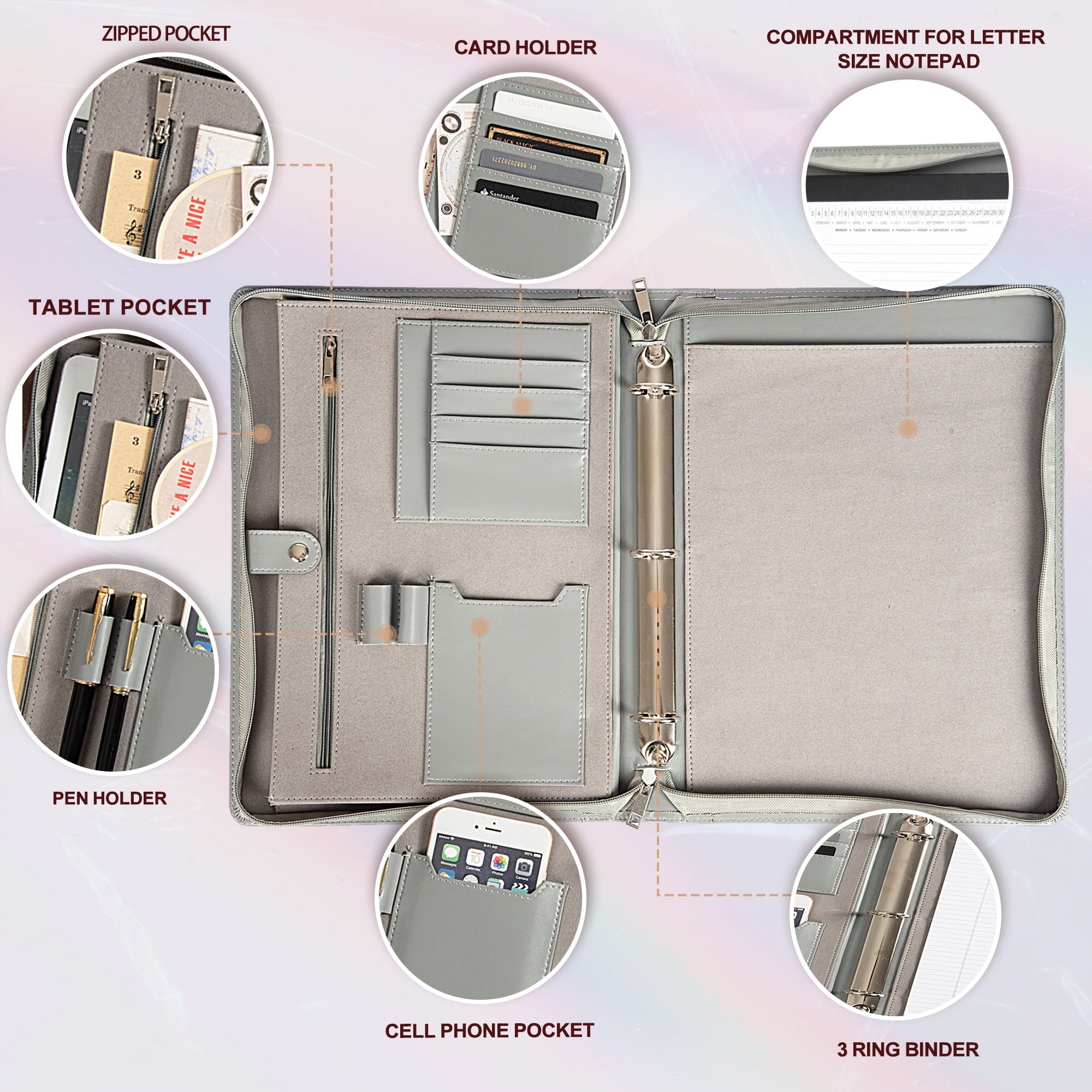 3-Ring Binder, Eco-Friendly Leather Portfolio, Zippered Business Organizer, Gray - Image 4