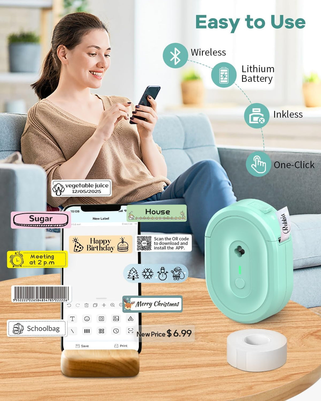 Label Maker Machine with Tape, N12 Portable Bluetooth Label Printer, Wireless Mini Label Makers Thermal Sticker with Multiple Templates for - Image 3