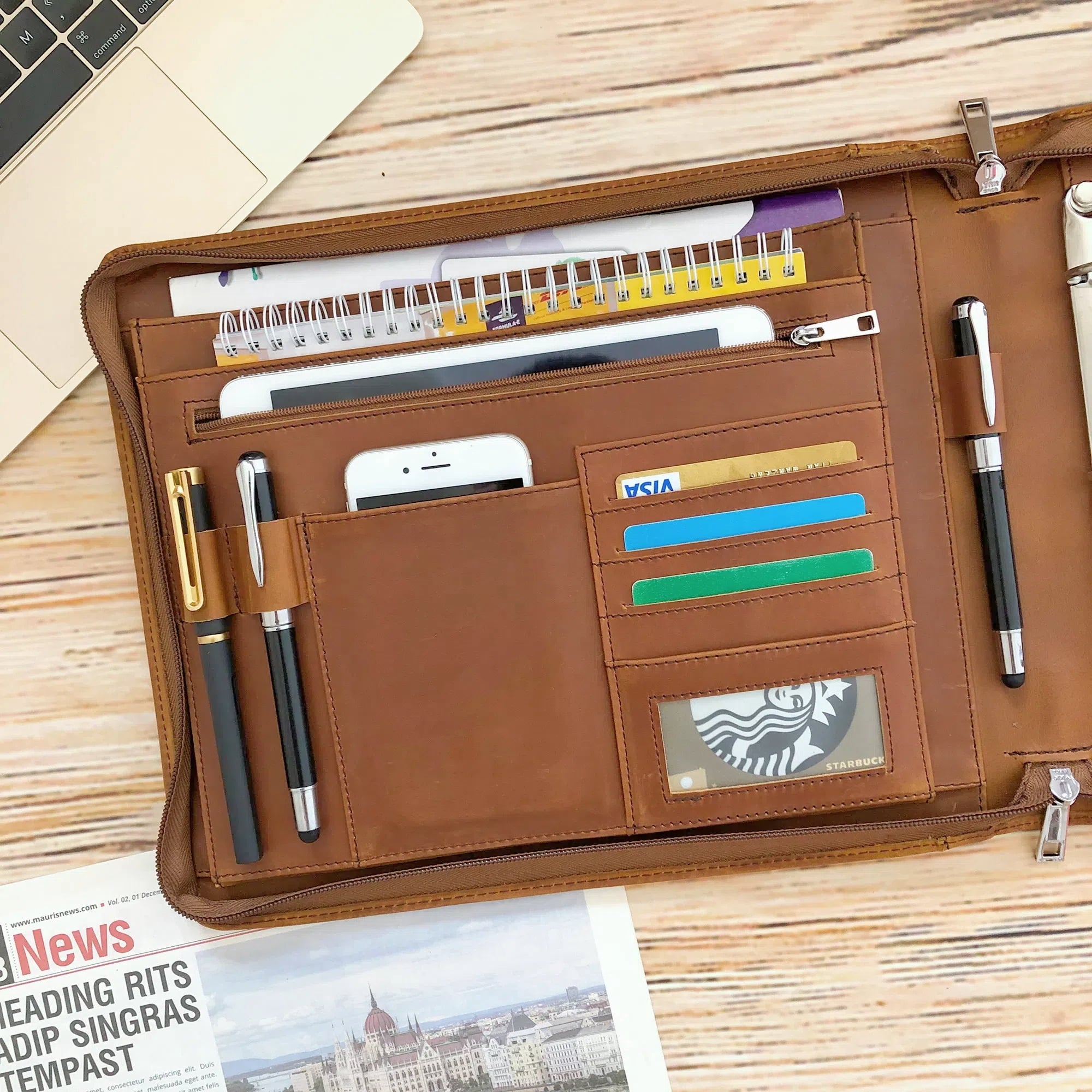 Business 3 Ring Check Binder, Genuine Leather Check Book Portfolio for 3 Holes or 9 Holes Checks, Check Book Binder f... - Image 3