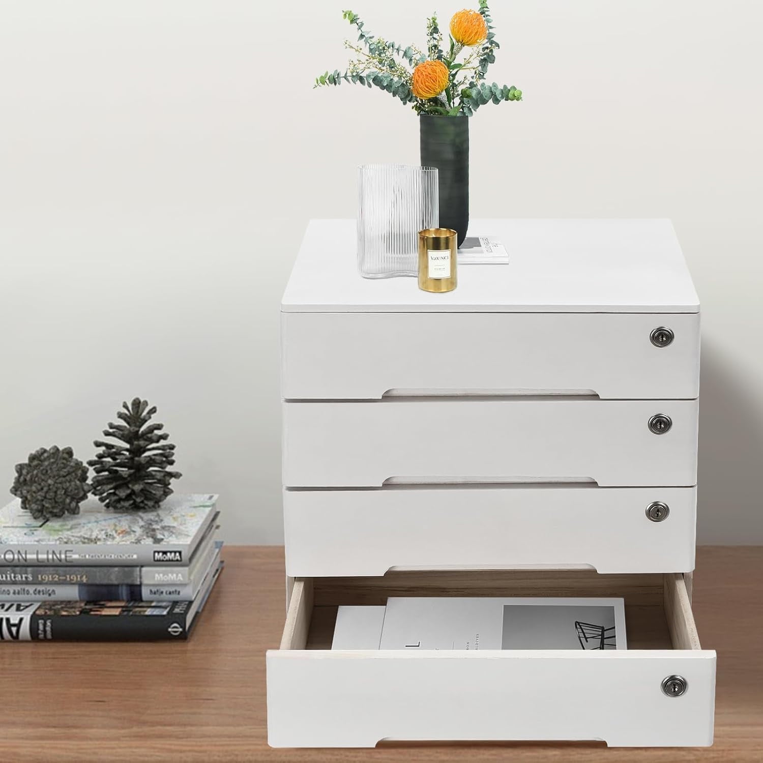 4 Drawers Wood Storage Box, Flat File Cabinet, Storage Cabinet Organizer with Lockable Drawers, Office Supplies File ... - Image 5
