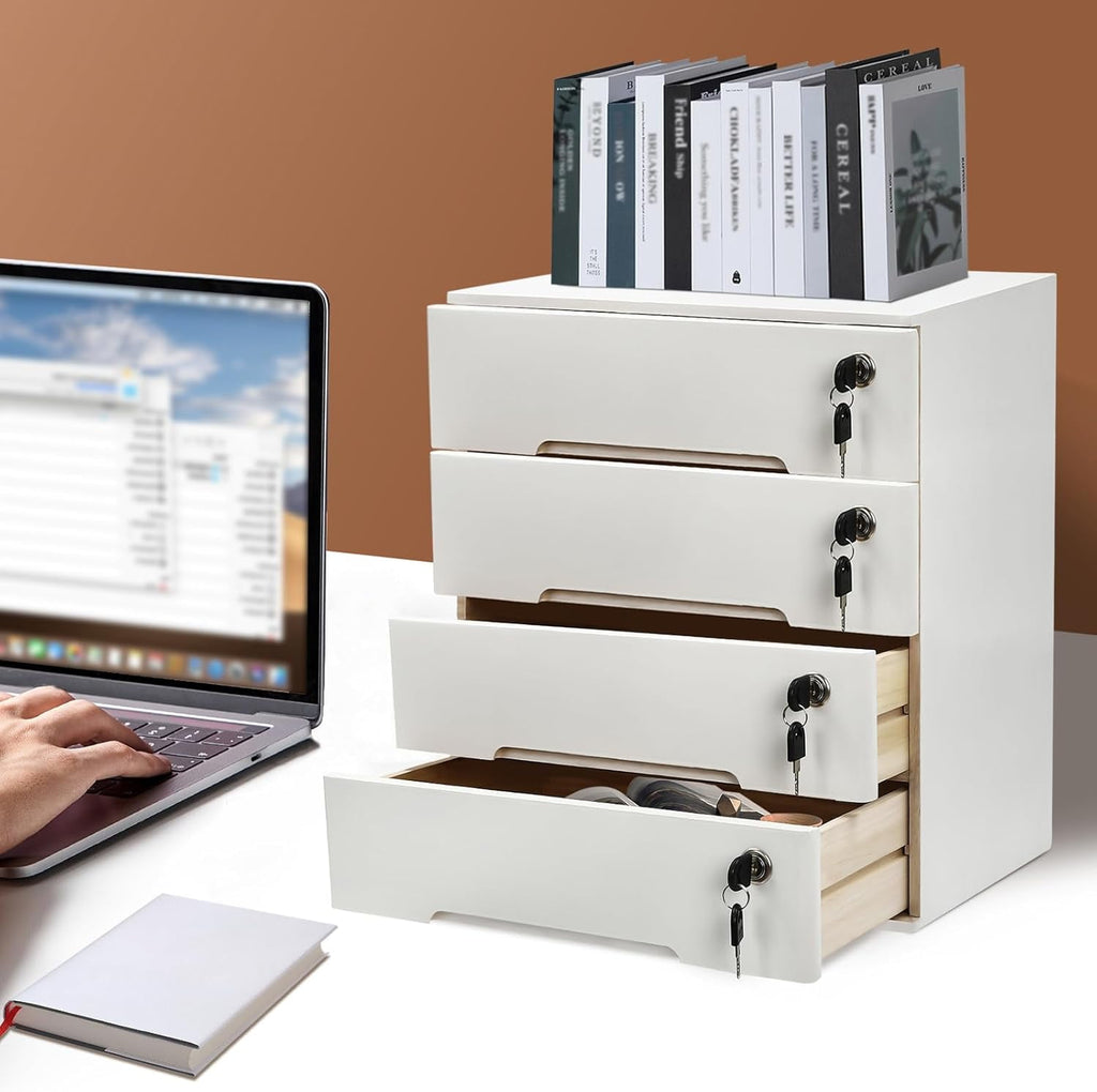 4 Drawers Wood Storage Box, Flat File Cabinet, Storage Cabinet Organizer with Lockable Drawers, Office Supplies File ... - Image 6
