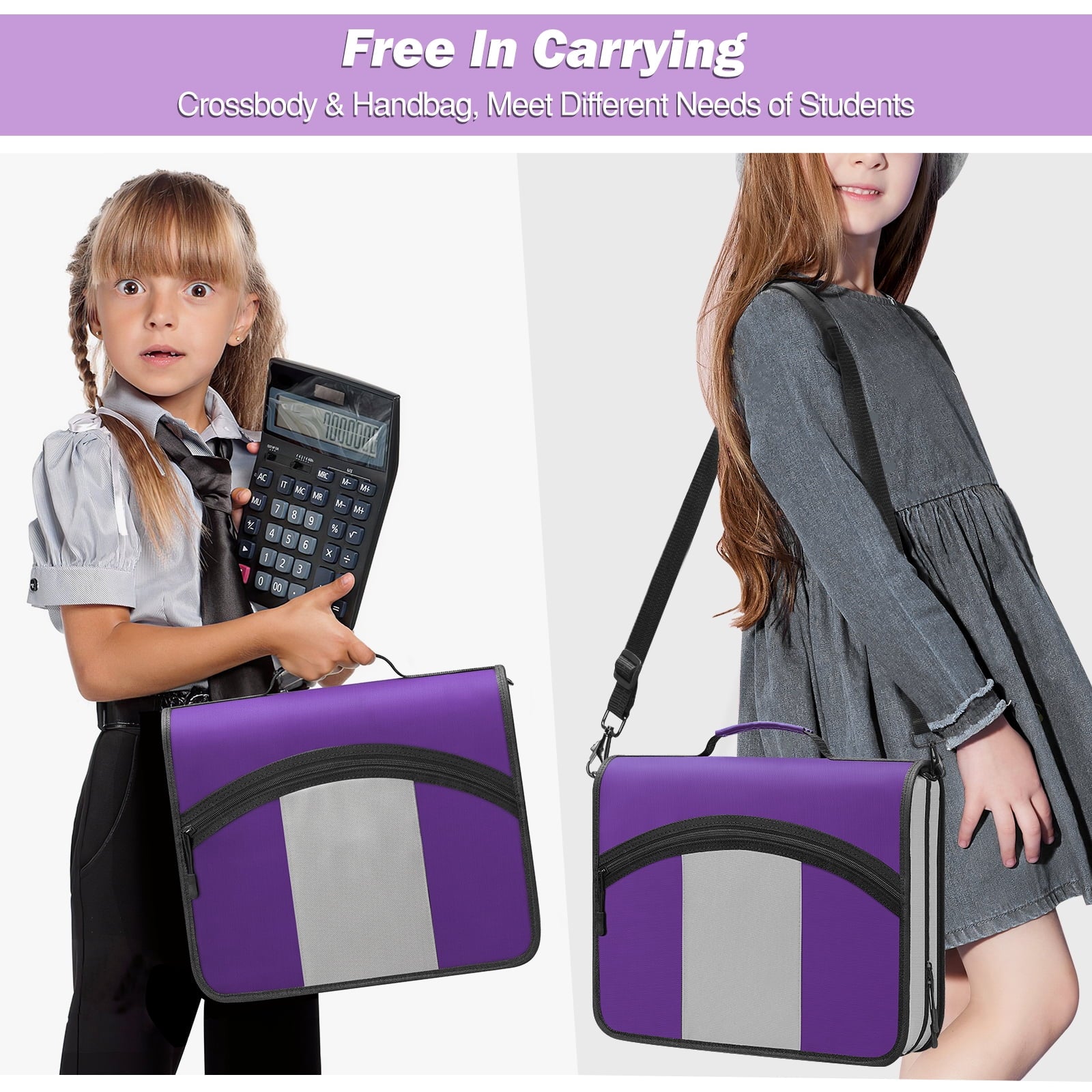 MoKo Zipper Binder 3 inch 3 Ring Binder, 600 Sheet Capacity Multi-Pocket School Binder Organizer with Handle and Shoulder Strap, Purple & Gr - Image 5