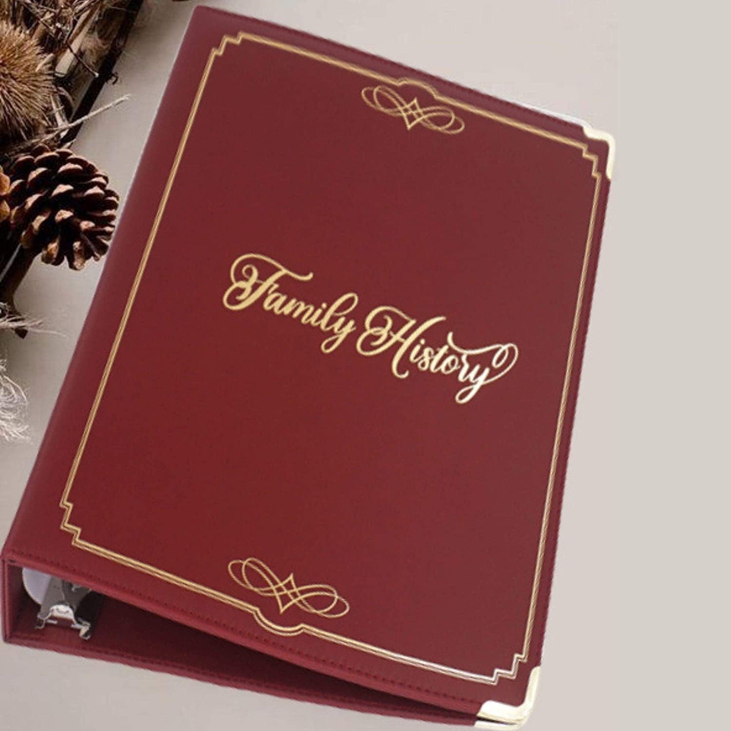 Family History Binder, Burgundy Padded PVC Slant D-Ring, Genealogy Binder Organizer with Gold Artwork, 1 Sheet Lifter and Pen Loop for Famil - Image 6