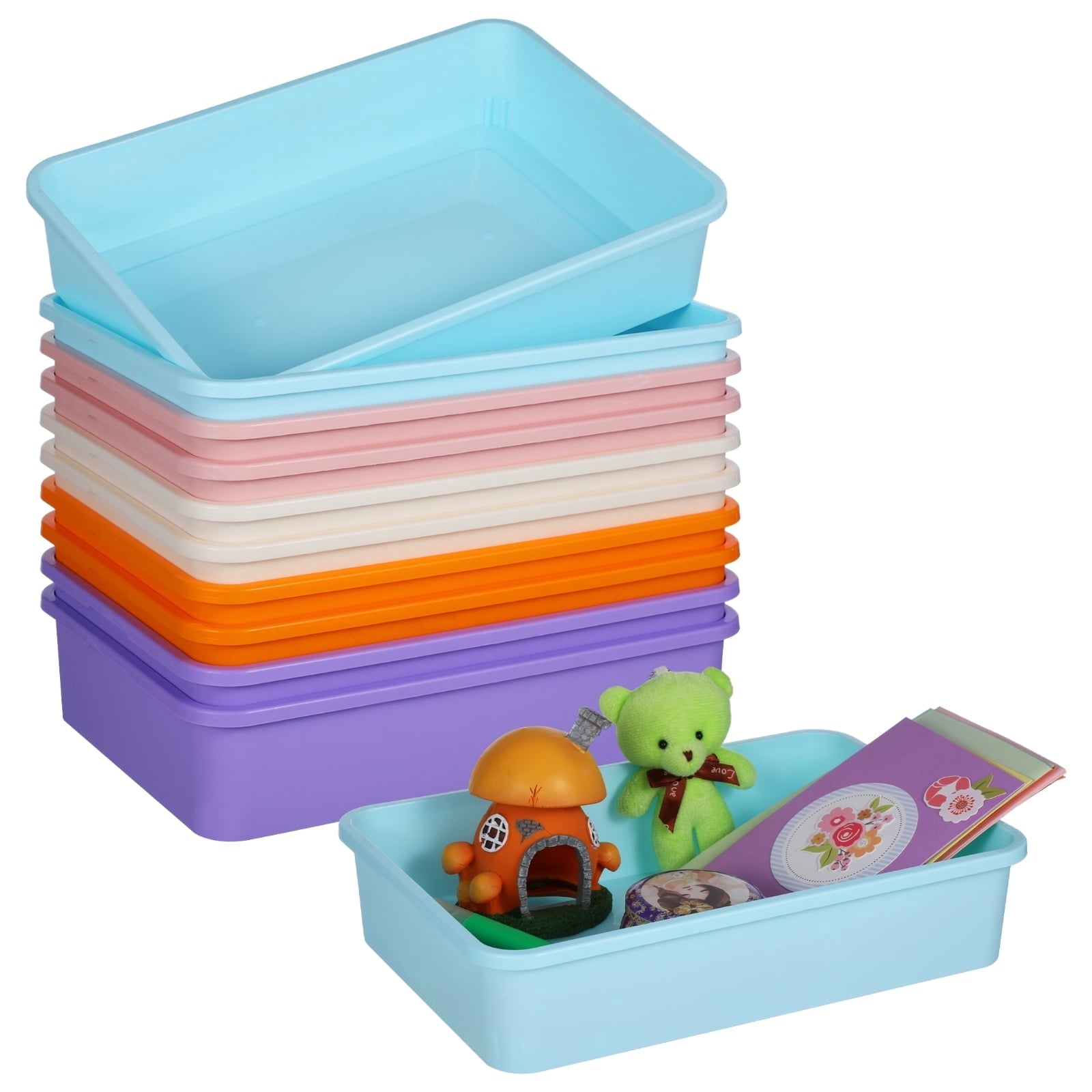 10 PCS Flat Storage Trays, Daily Items Organizer Bins Trays for Classroom Art Activity Plastic Stackable Trays File O...