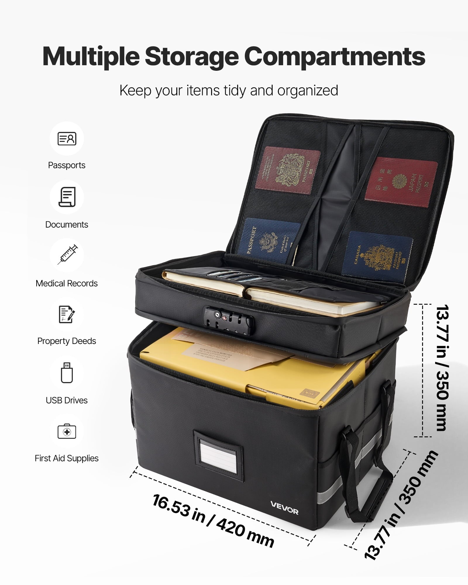 VEVOR Fireproof Document Box, 1832  Heat Insulated Fireproof & Waterproof Box with Lock, Portable Two-Layer File Storage Organizer Home Offi - Image 3