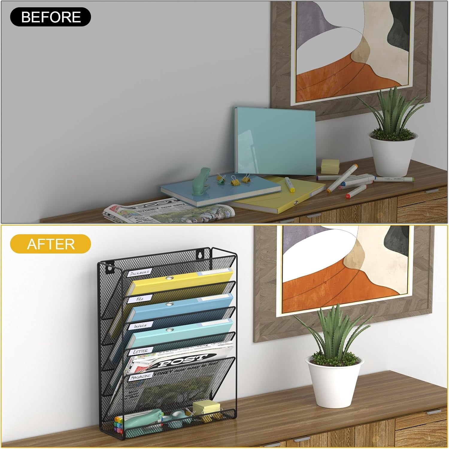 Hanging Folder Organizer Mesh 6 Tier, Wall File Organizer Hanging Paper Organizer, Wall Mount Mail Storage, Office Or... - Image 5