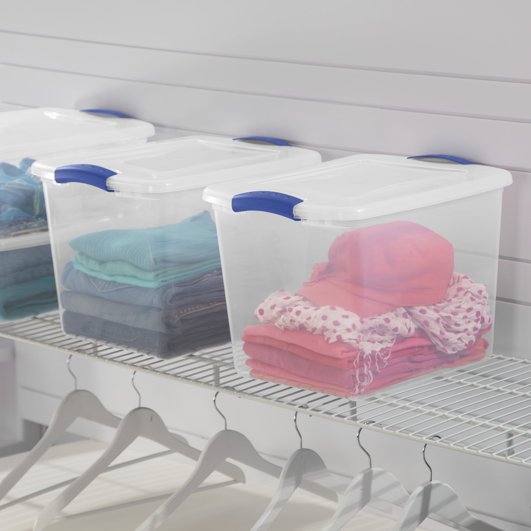 27 Quart Medium Latching Storage Bin, Clear Plastic Stoarge Conatiner with Latch Lid, Blue - Image 3