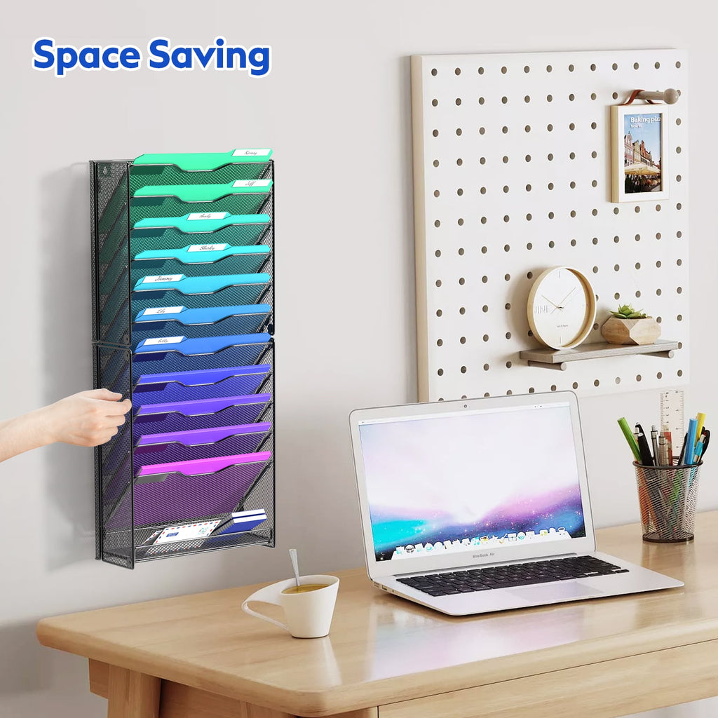 Samstar 12 Tier Wall File Organizer, Hanging Wall Mount File Holder Paper Folder Mail Organizer, Mesh Metal, Black. - Image 2