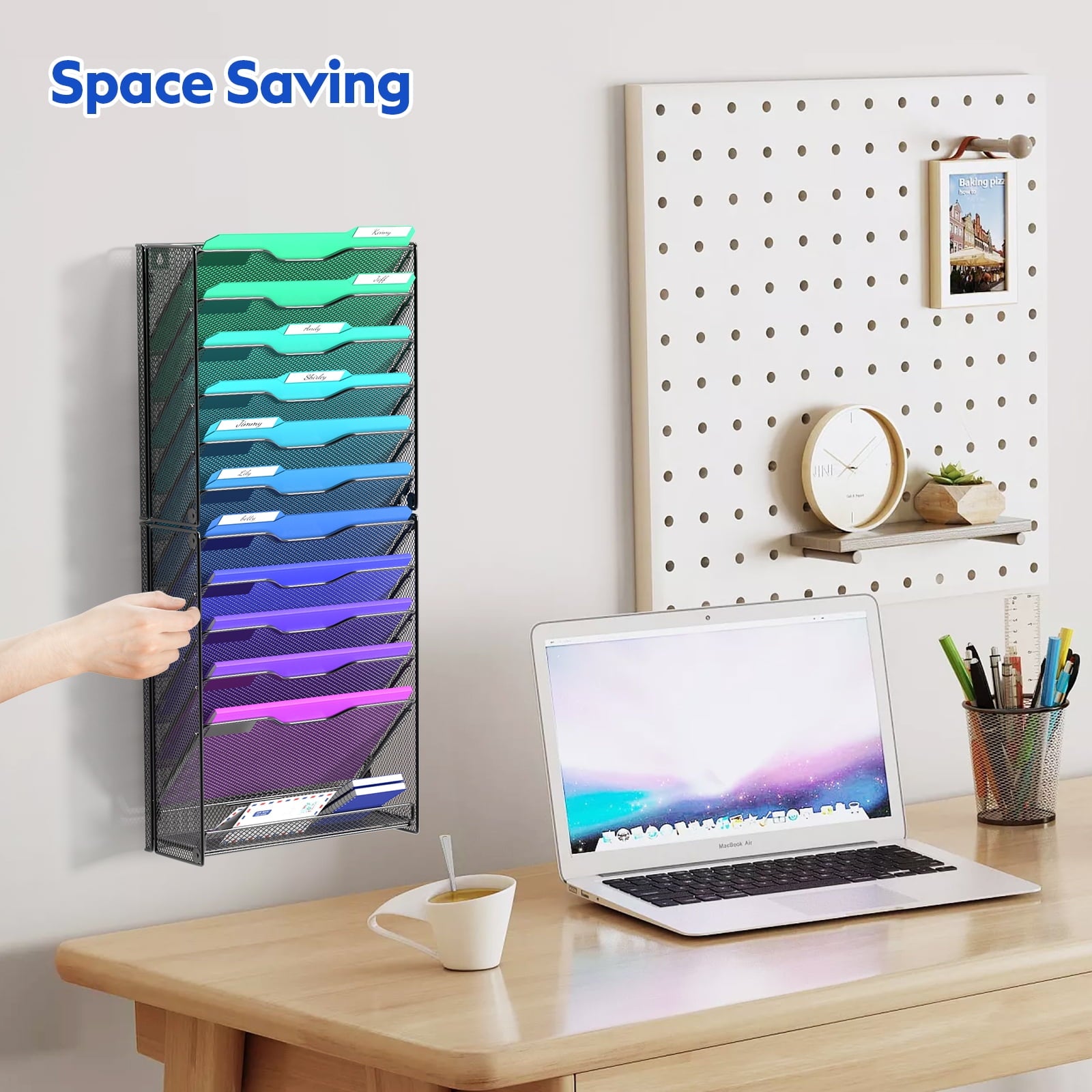 Samstar 12 Tier Wall File Organizer, Hanging Wall Mount File Holder Paper Folder Mail Organizer, Mesh Metal, Black. - Image 2