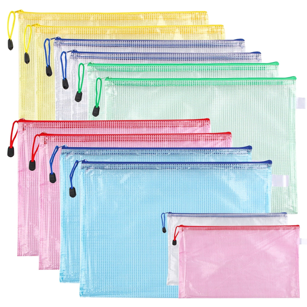 12 Pack A4 Mesh Zipper Pouches with Label Pocket, Waterproof Organizer Zipper File Bags, Multicolor