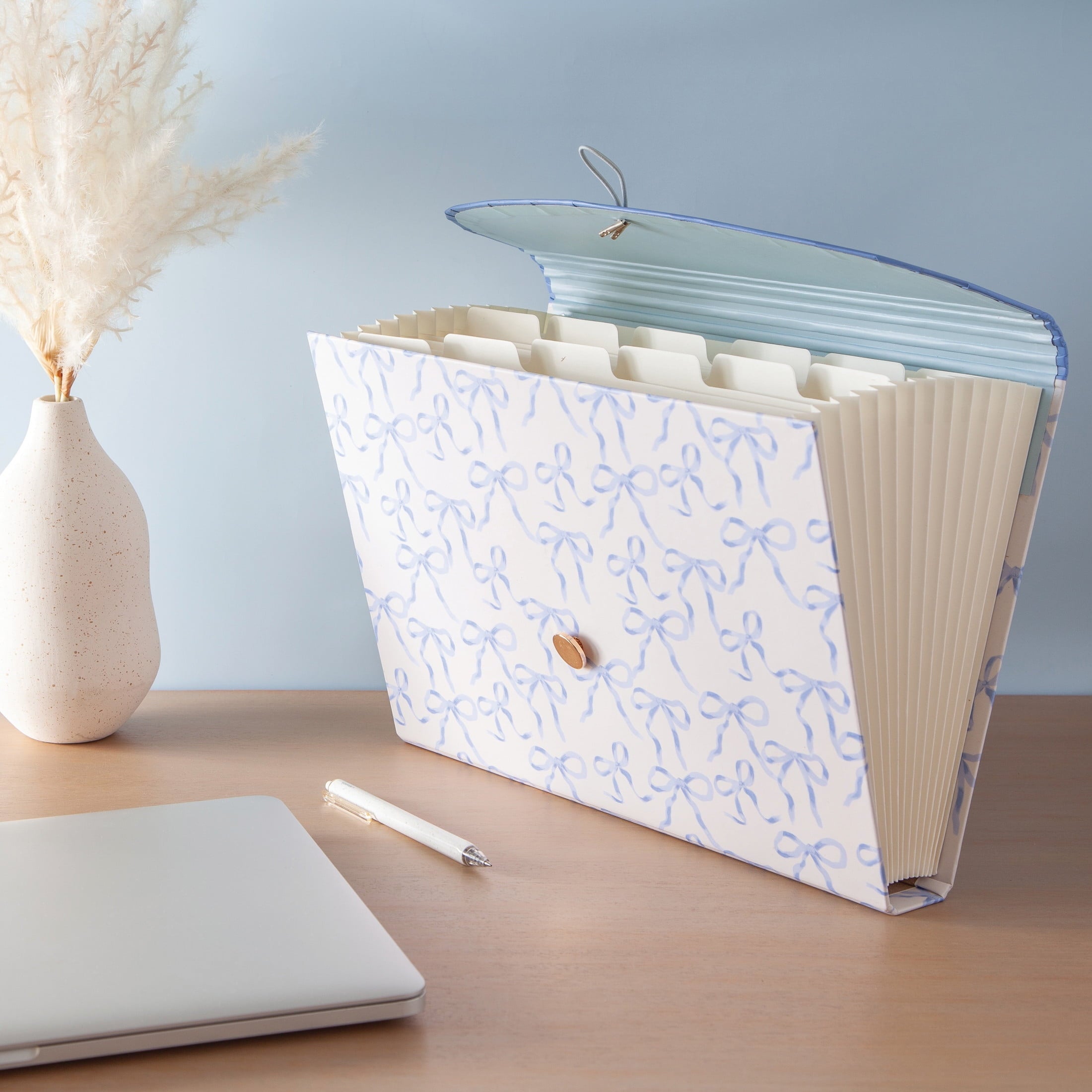U Brands 13 Pocket Expandable File, 13 x 9.2 x 1.4 in.,Charming Coquette Blue BowsFile Organizer. Freestanding - Image 2
