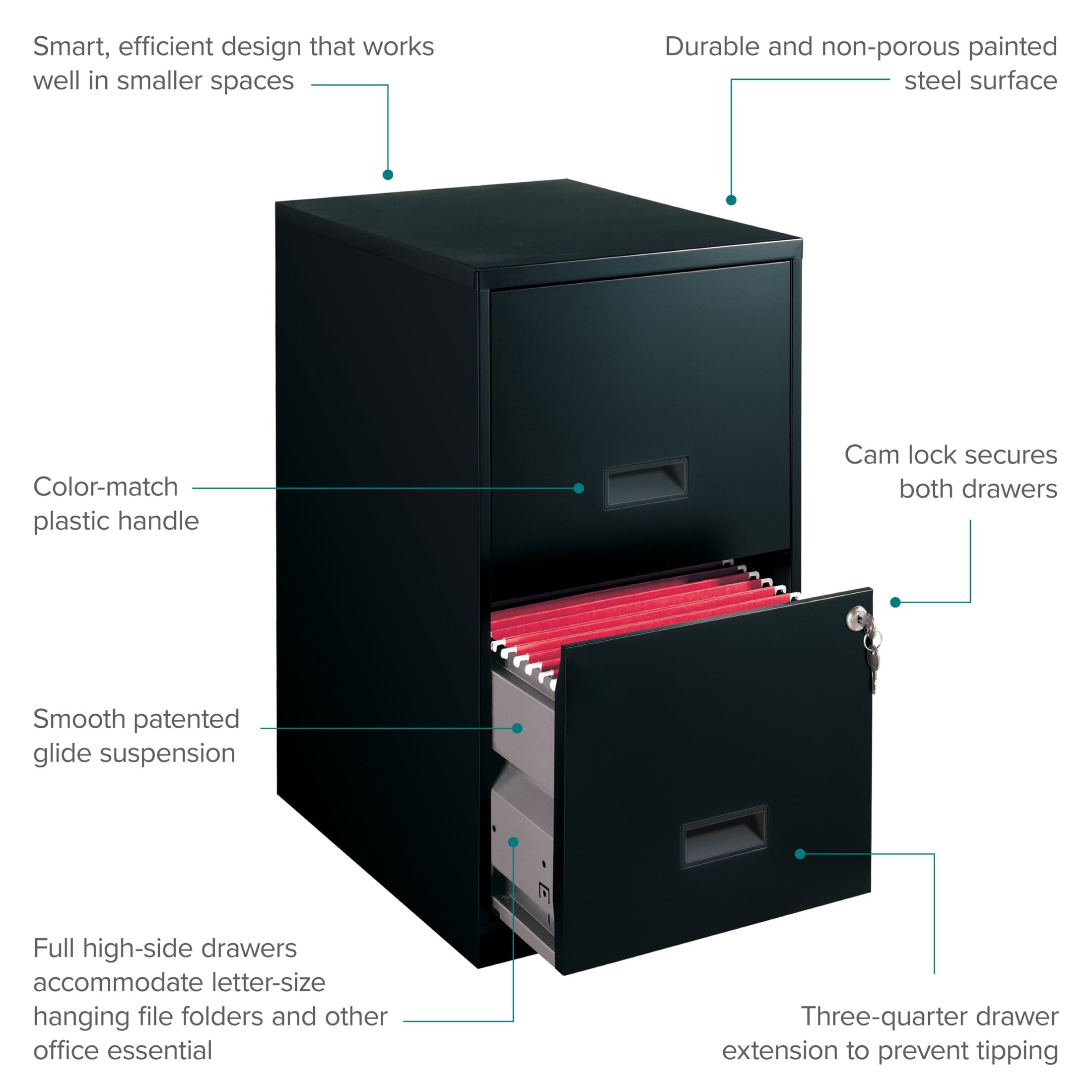 18" Deep 2 Drawer Letter Width Vertical File Cabinet, Black - Image 3