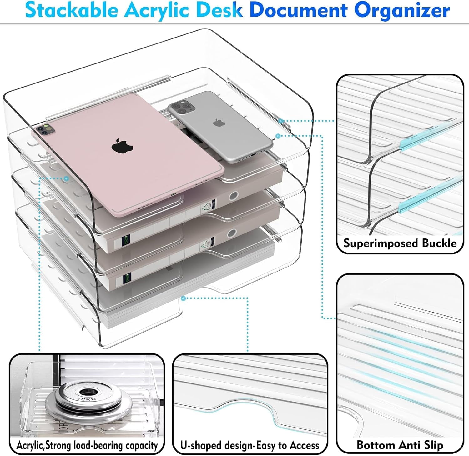 Paper Organizer Letter Tray, 4 Pack Acrylic Stackable Desk File Organizer,Clear File Organizer for Desk, Office Organizer for File Paper, Ip - Image 6
