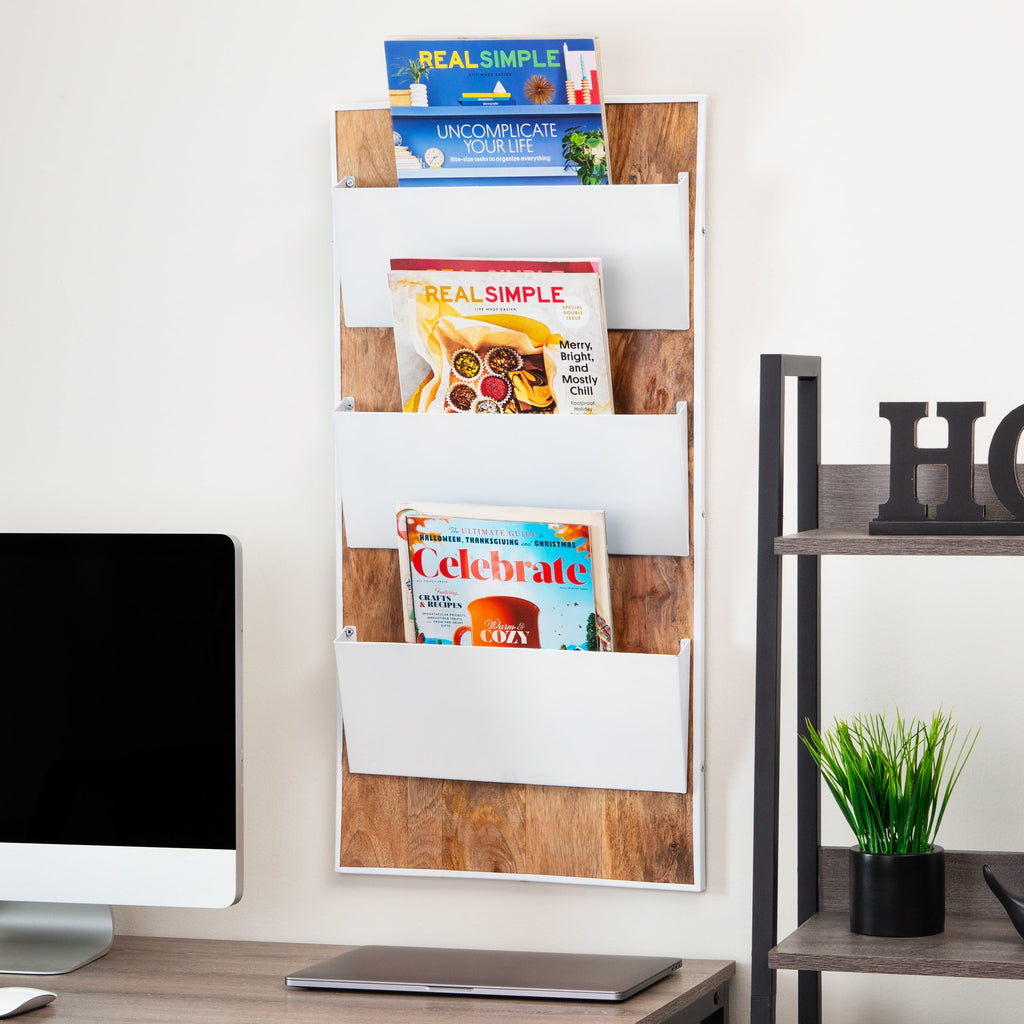3-Tier Wall-Mounted File Organizer, Wood and Metal Vertical Rack for Mail, Magazines, and Documents, Metal, Wood, White - Image 6