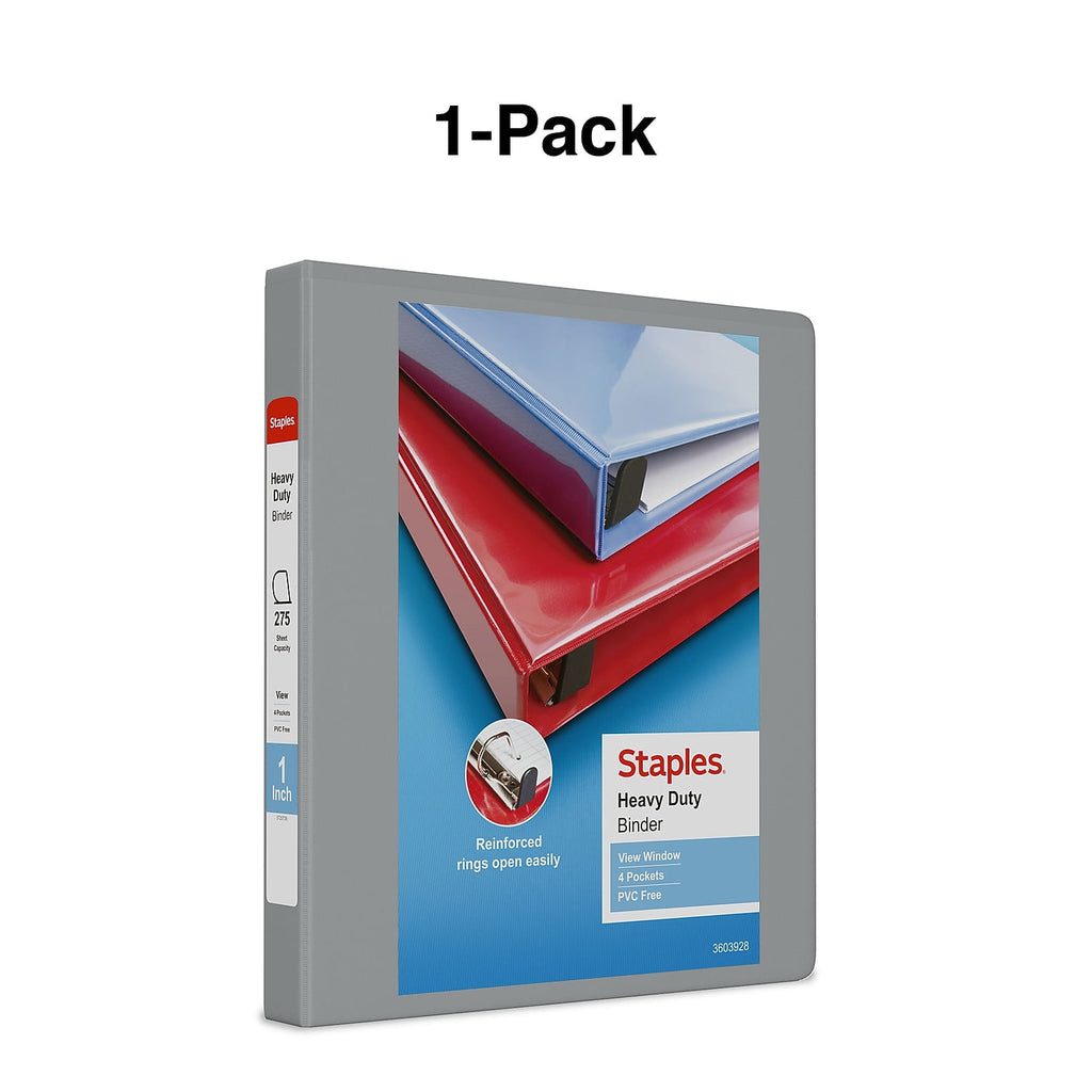 1" Staples Heavy-Duty View Binder with D-Rings Gray 976033 - Image 6