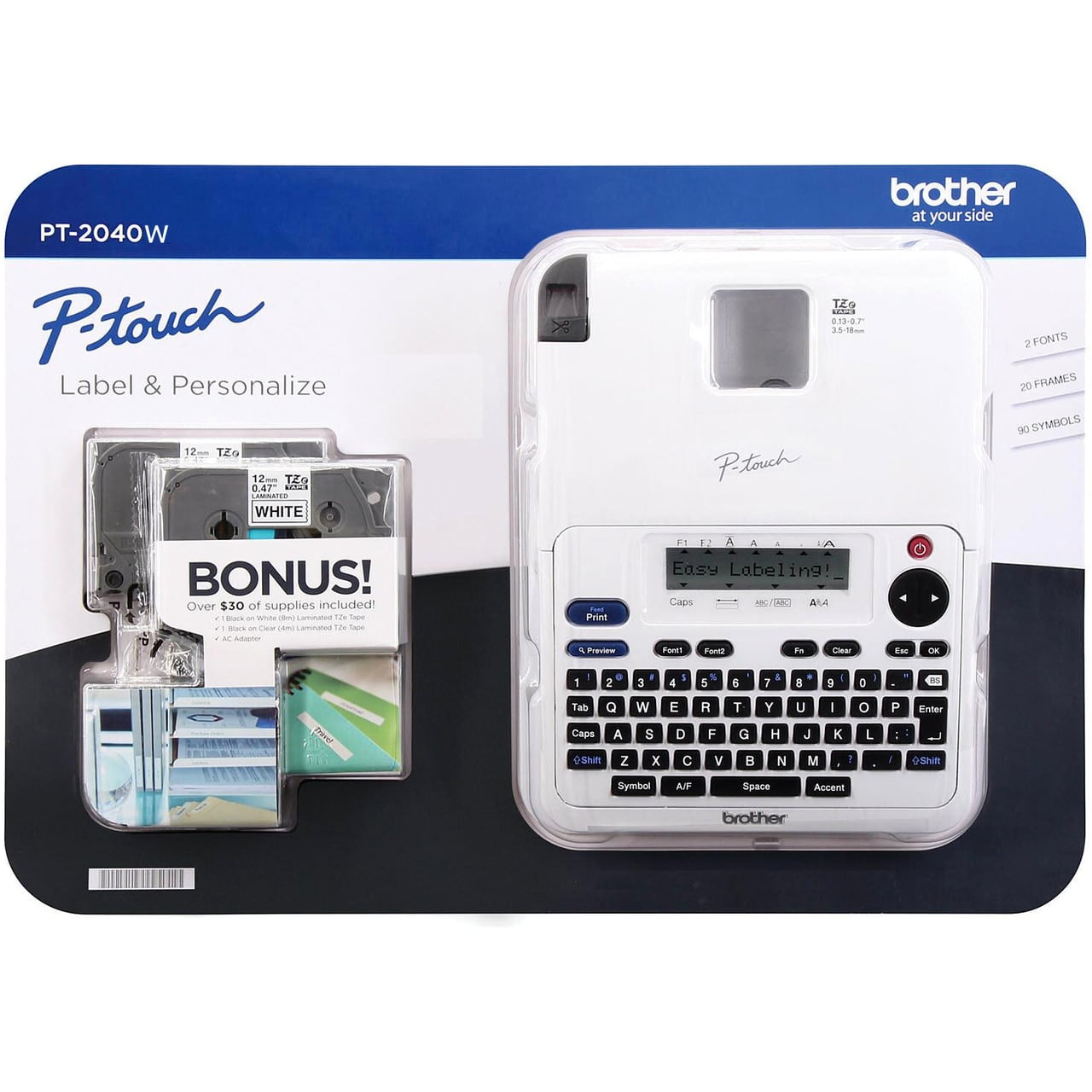 P-Touch PT-2040W Labeler Maker White Bonus 2 Label Tapes & AC Adapter Home Office School Machine 65604 - Image 2