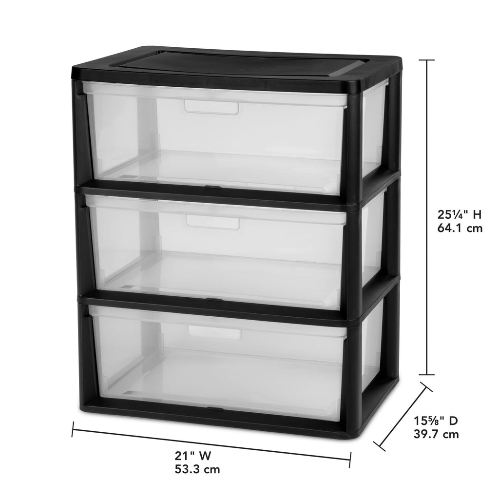 Sterilite Wide 3 Drawer Tower, Plastic Storage Organizer with Removable Clear Bins, Easy to Assemble - No Tools Needed, Black - Image 2