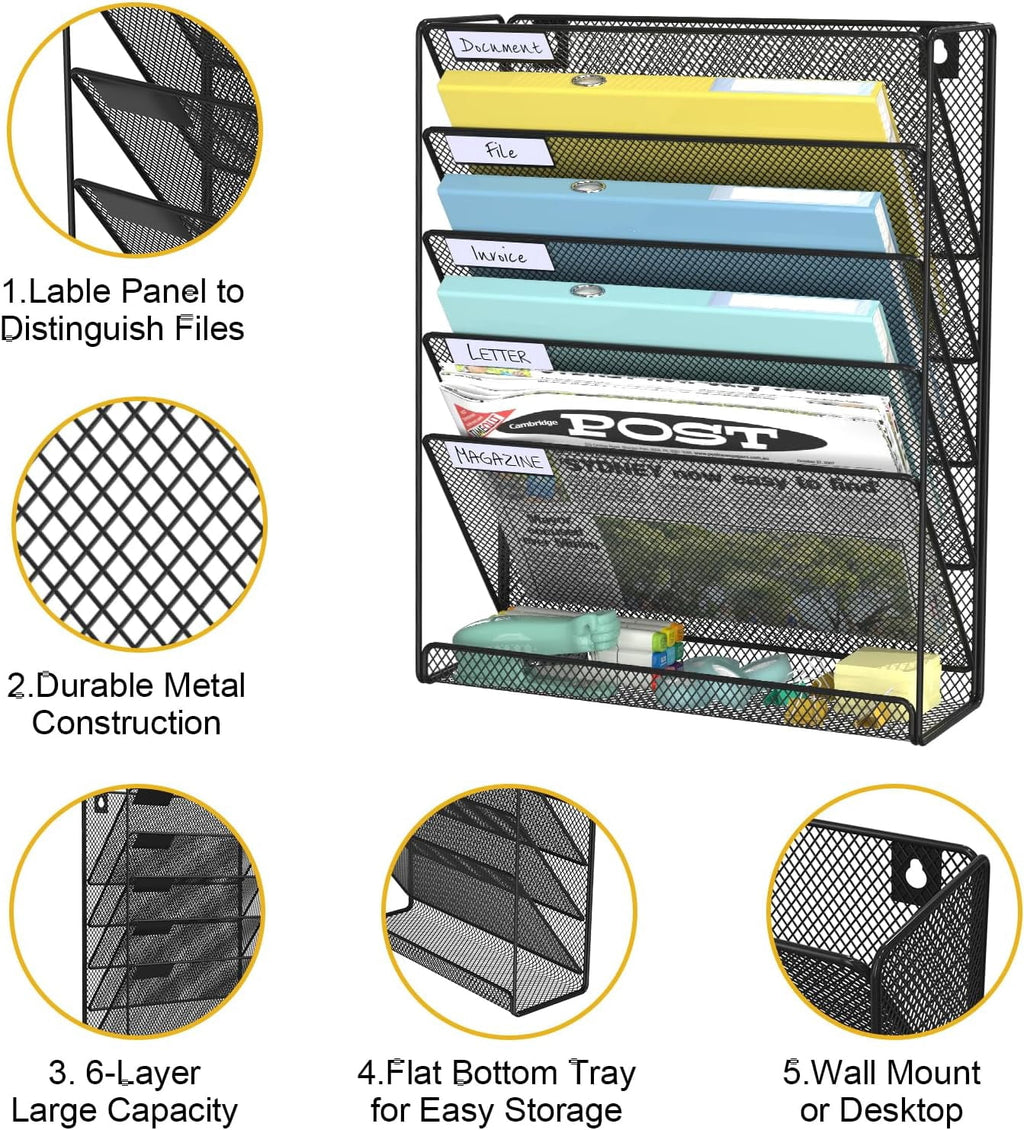 Hanging Folder Organizer Mesh 6 Tier, Wall File Organizer Hanging Paper Organizer, Wall Mount Mail Storage, Office Or... - Image 3