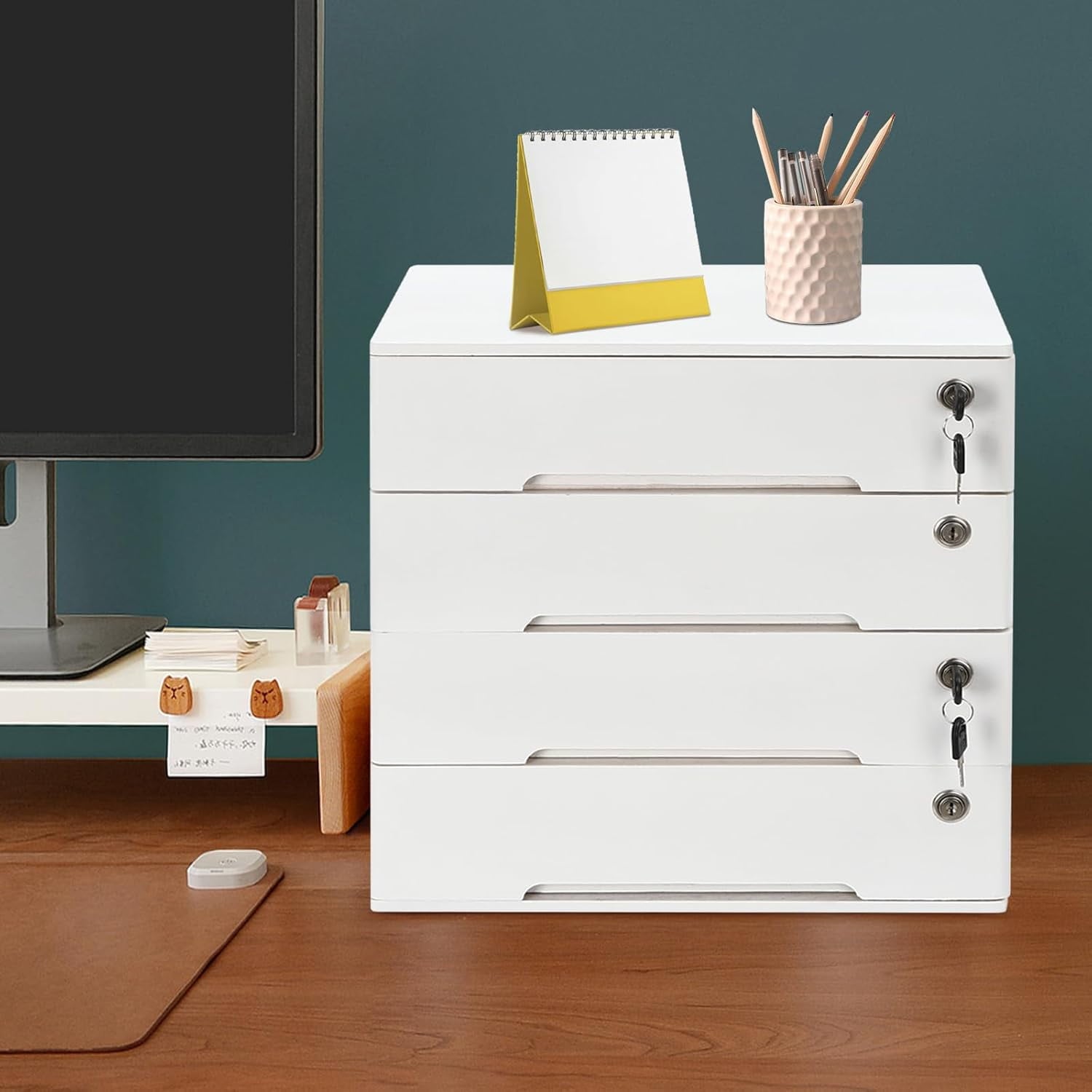 4 Drawers Wood Storage Box, Flat File Cabinet, Storage Cabinet Organizer with Lockable Drawers, Office Supplies File ... - Image 2
