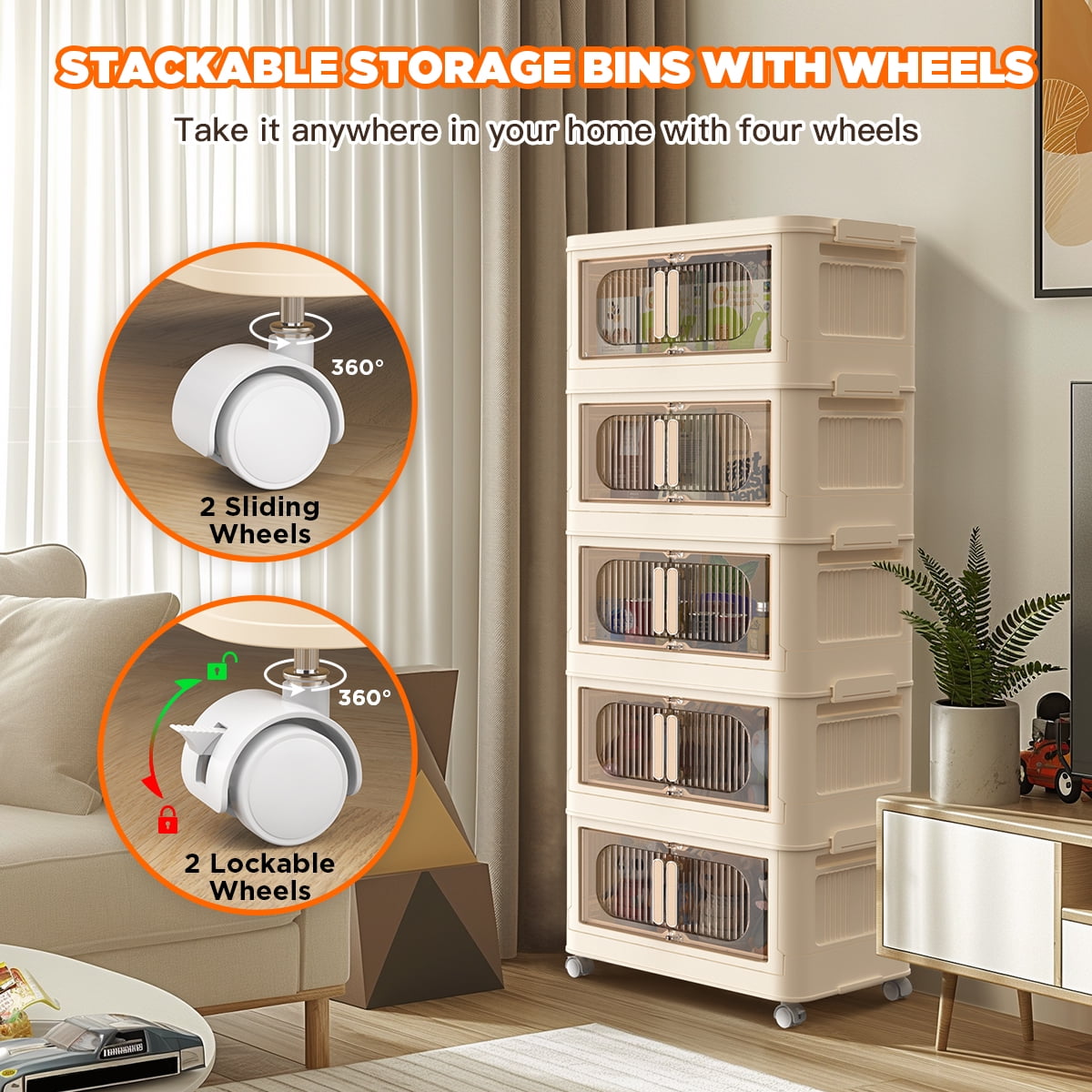TNTANTS 5 Tiers Stackable Storage Bins with Wheels, Magnetic Dual Open Collapsible Storage Container with Lids, 125QT Folding Storage Box Bi - Image 2