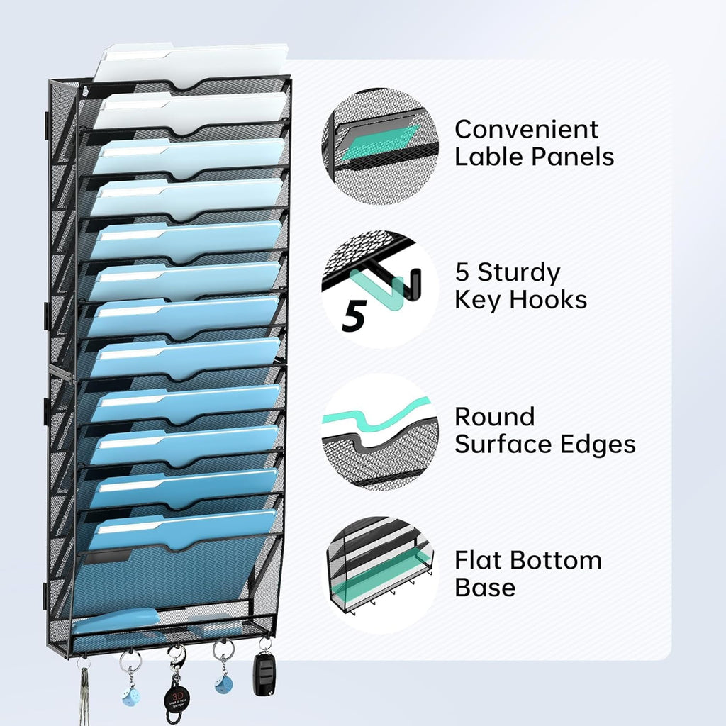 13-Tier Metal Hanging File Organizer with Hooks, Wall Mounted Paper Organizer, Screw Mount - Image 4