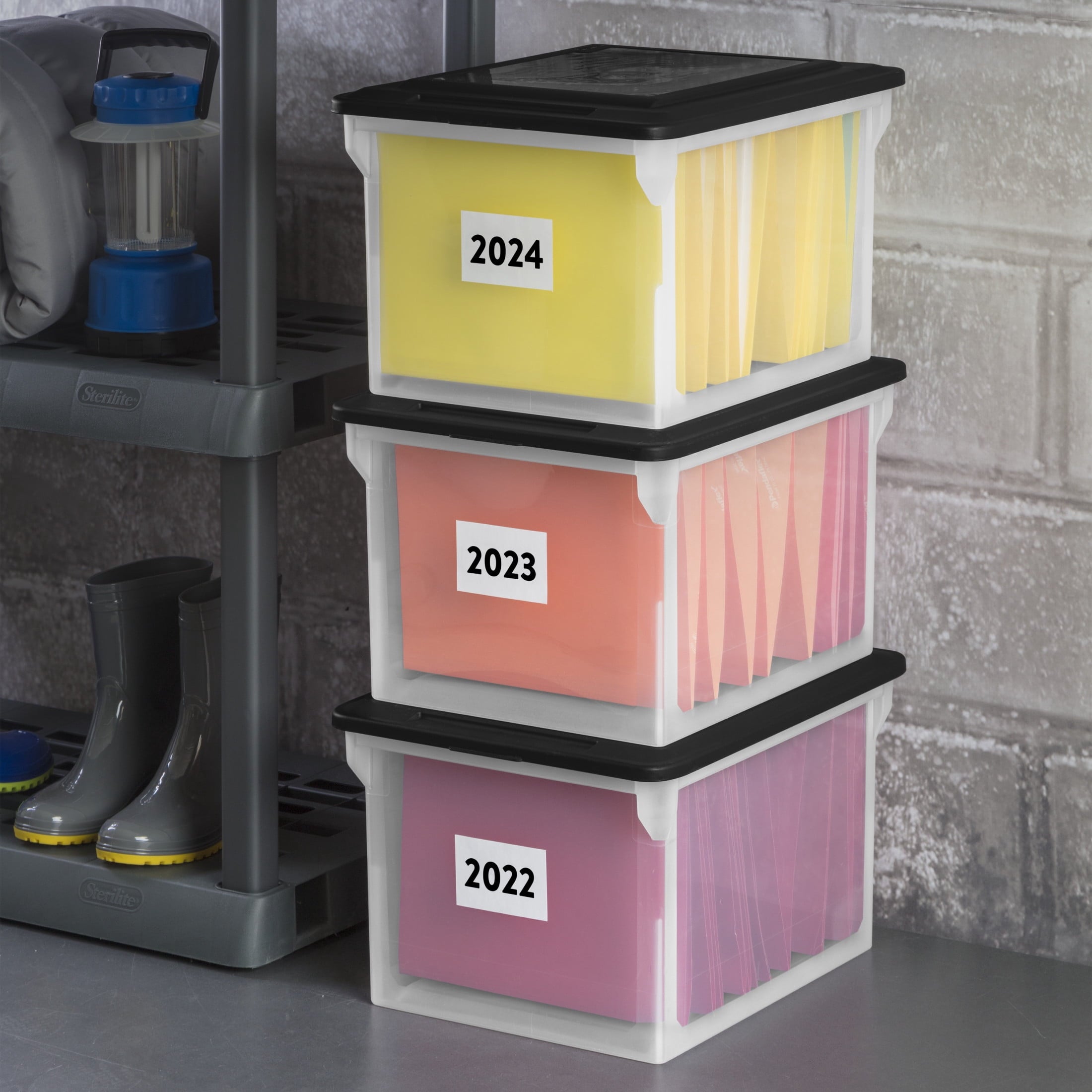 File Box, Clear Plastic Bin with Black Lid, Letter or Legal-sized File Storage, Black, 4 Pack - Image 4