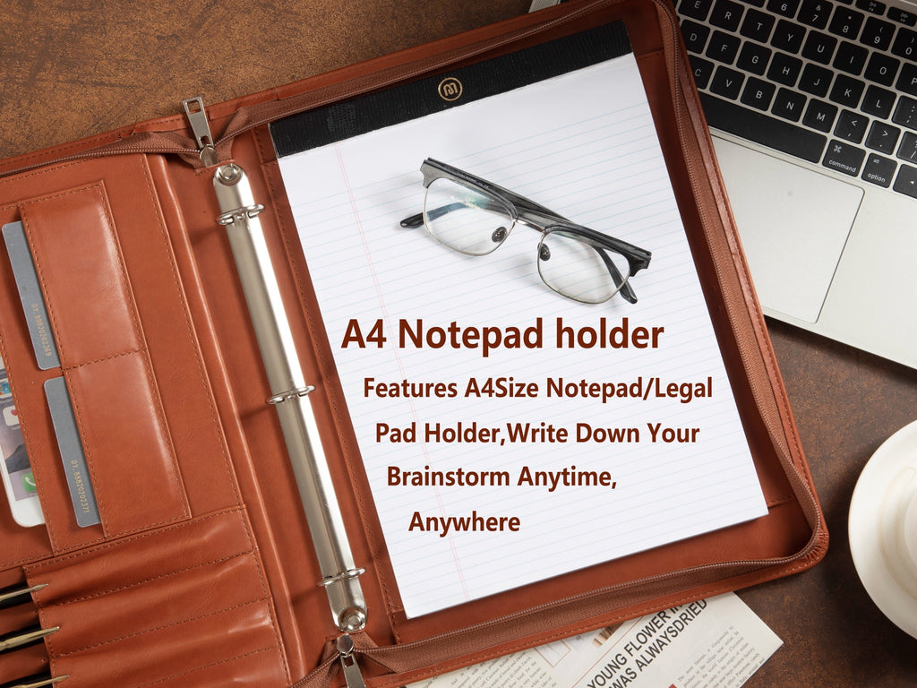 LeatherBelief Portfolio 3 Rings Binder,Zipper PU Leather Padfolio, Business Organizers with A4 Legal Pads, Gift for Him, Brown - Image 4