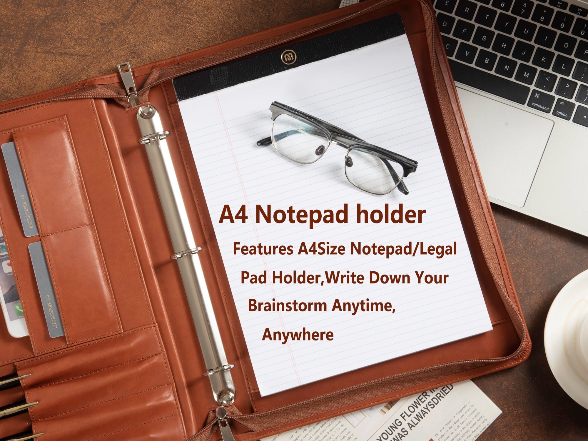 LeatherBelief Portfolio 3 Rings Binder,Zipper PU Leather Padfolio, Business Organizers with A4 Legal Pads, Gift for Him, Brown - Image 4