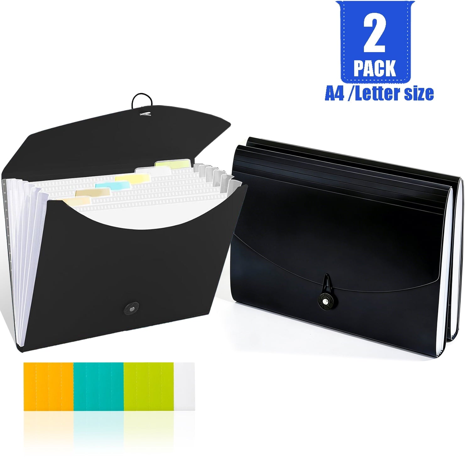 2 Pack Expanding File Folder, 7 Pockets Accordion File Organizer for A4/Letter Paper, Receipts, Bills, Labels Included,  Black