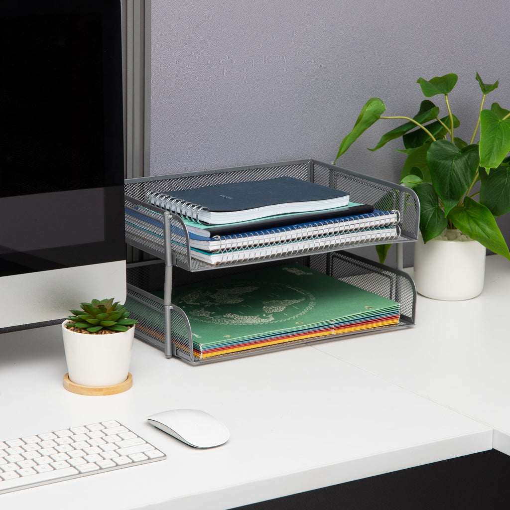 2-Pack Stackable Metal Mesh File Holder Trays, Document Holder, Desktop File Organizer, Silver - Image 2