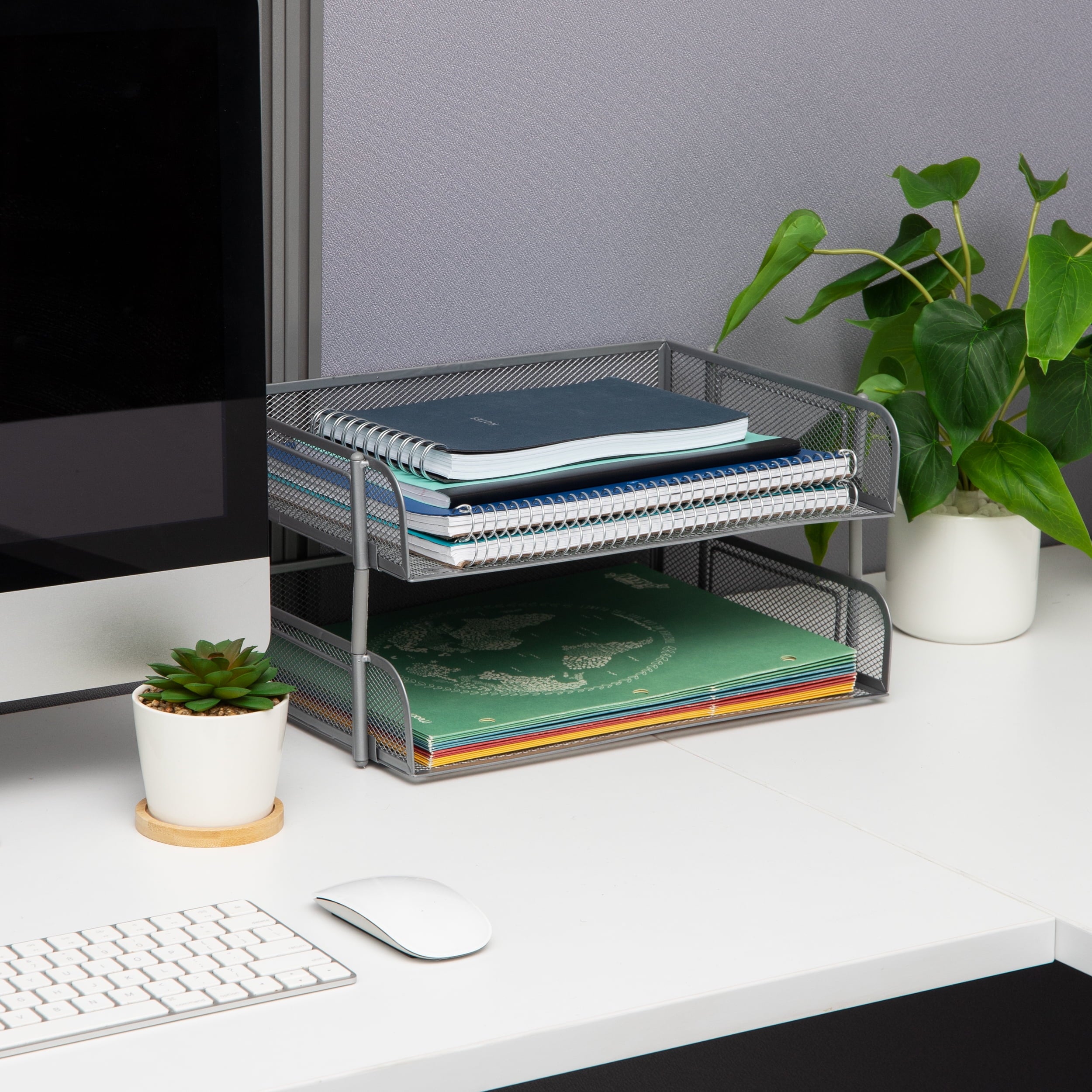2-Pack Stackable Metal Mesh File Holder Trays, Document Holder, Desktop File Organizer, Silver - Image 2