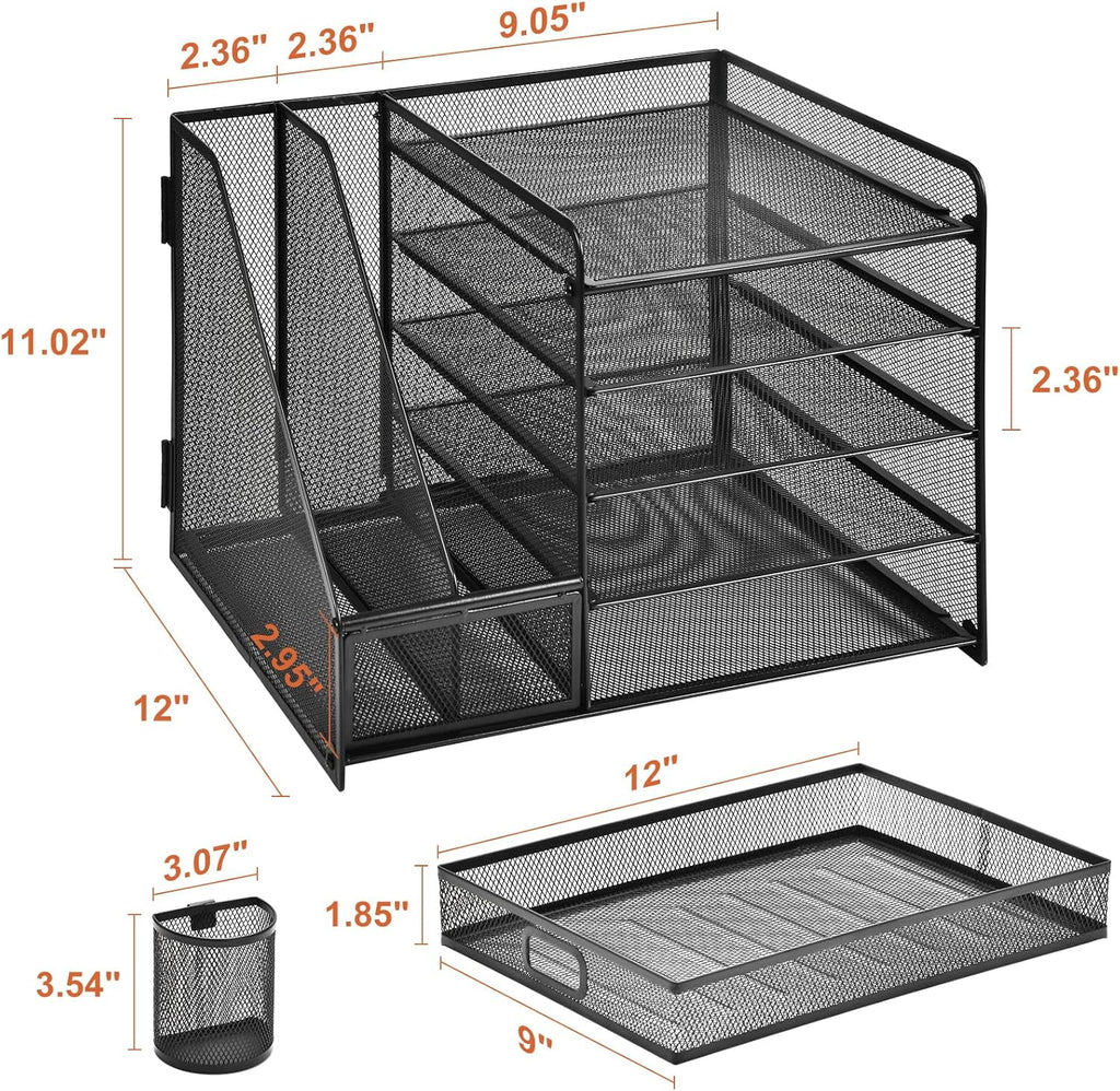 Desk Organizer with File Holder, 5-Tier Desktop File Organizer with Drawer and 2 Pen Holders, Desk File Organizer for... - Image 5