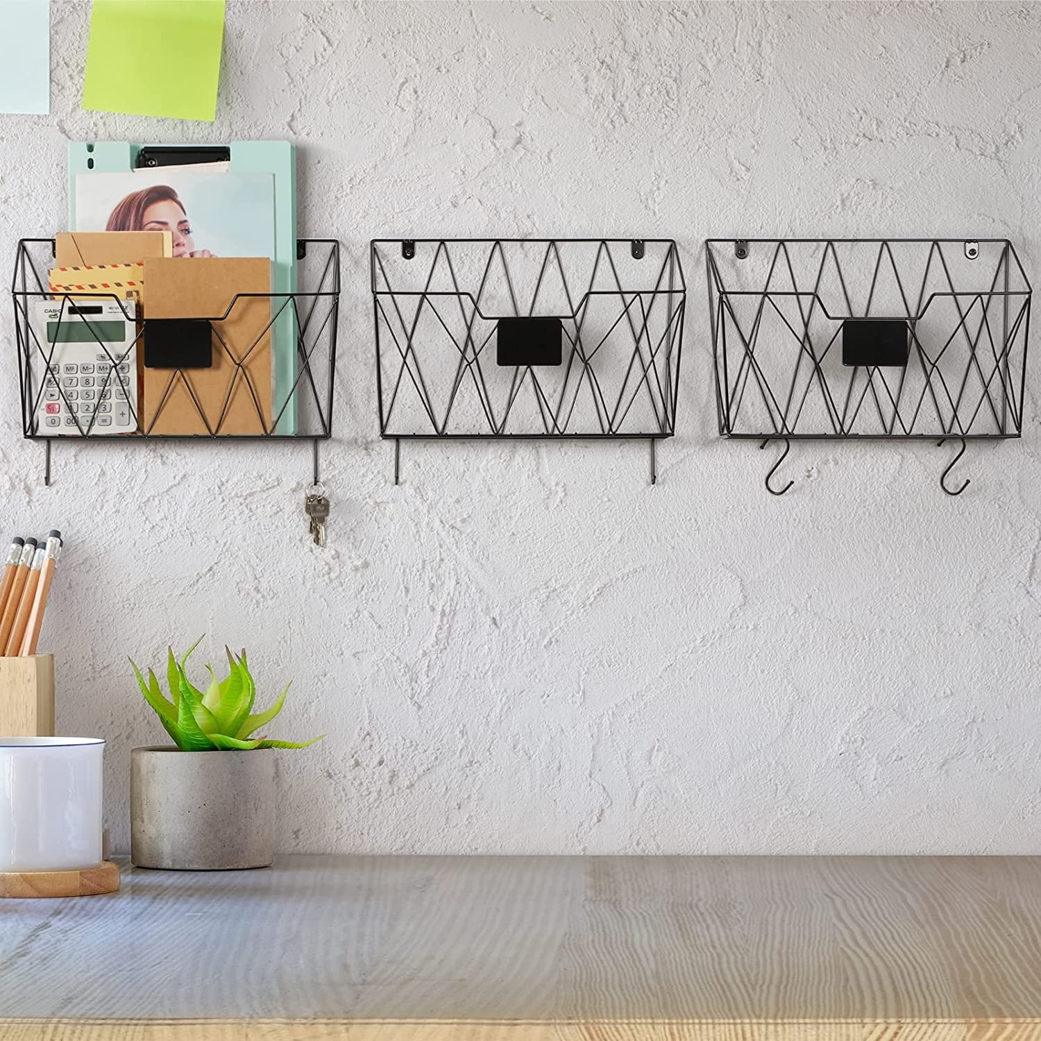 Holder Mount Metal Organizer 3 Pockets Mail Organizer with Hooks for Office Home,Black - Image 5