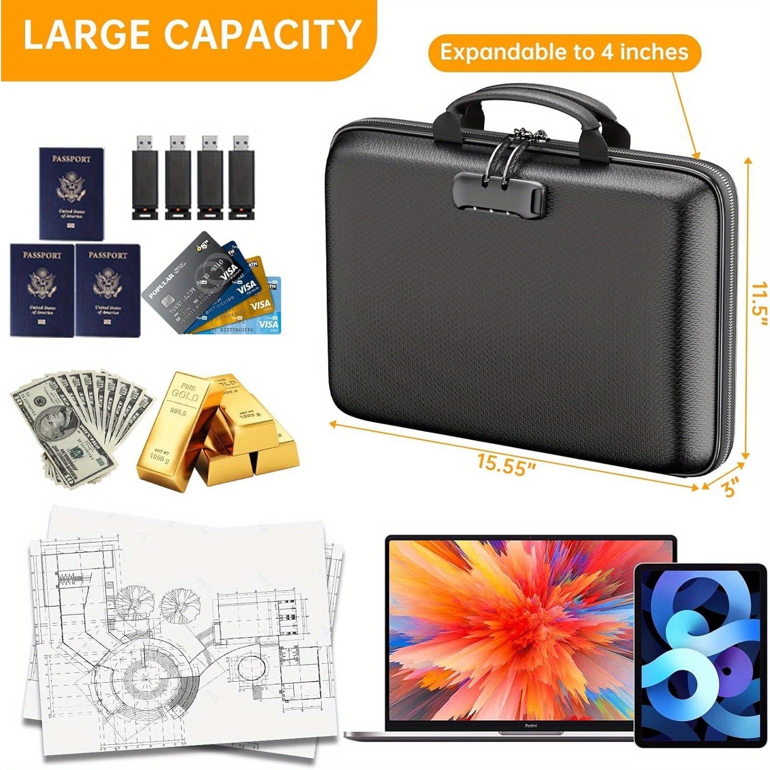 Fireproof File Organizer with Lock, Hard-Shell Case Fireproof Document Box,Accordion File Folder, Portable Home Office Travel Safe Storage f - Image 3