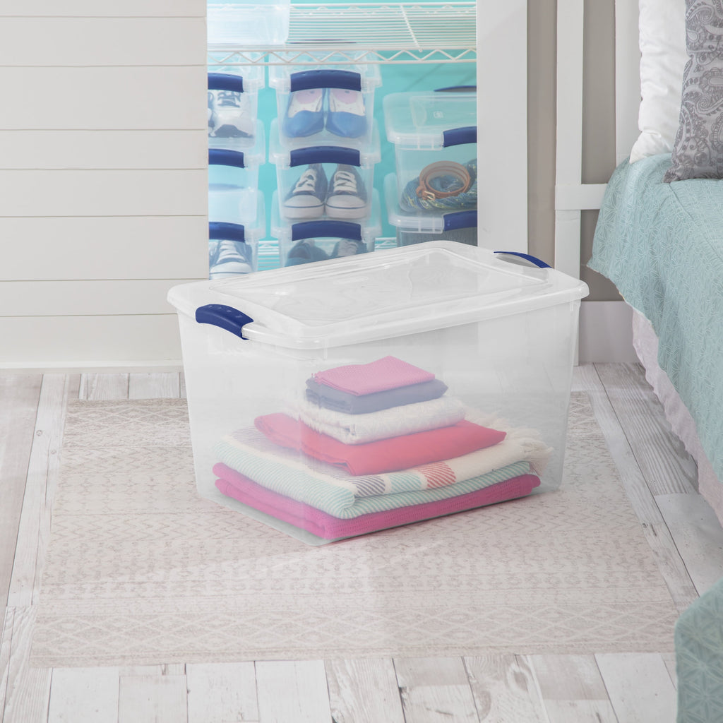 Sterilite 66 Quart Large Latching Storage Bin, Clear Plastic Storage Container with Latch Lid, Blue - Image 3