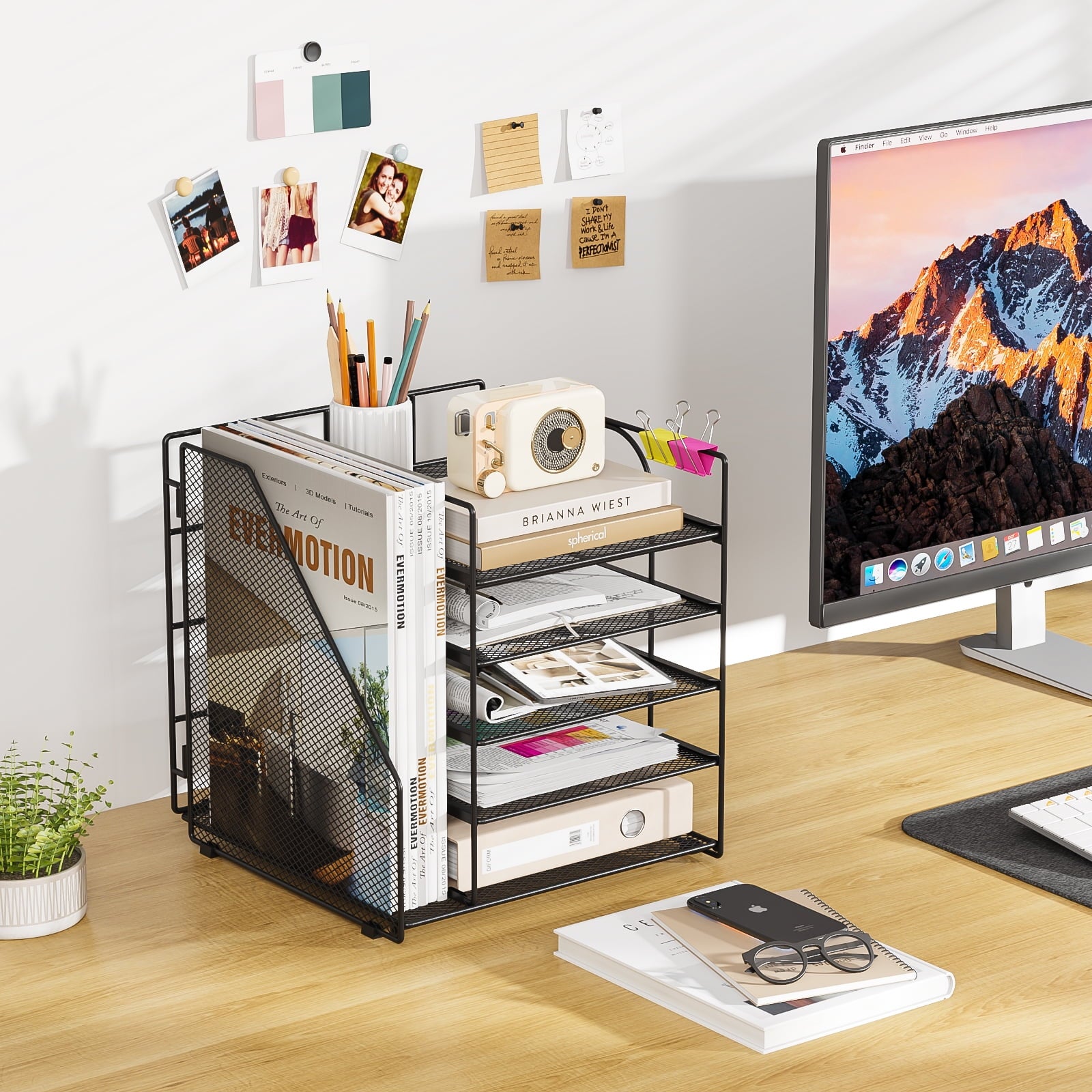 Mintazer Desk Organizer with File Holder, 5-Tier Paper Letter Tray Organizer Mesh Desktop File Organizer Magazine Holder for Home School Off - Image 4