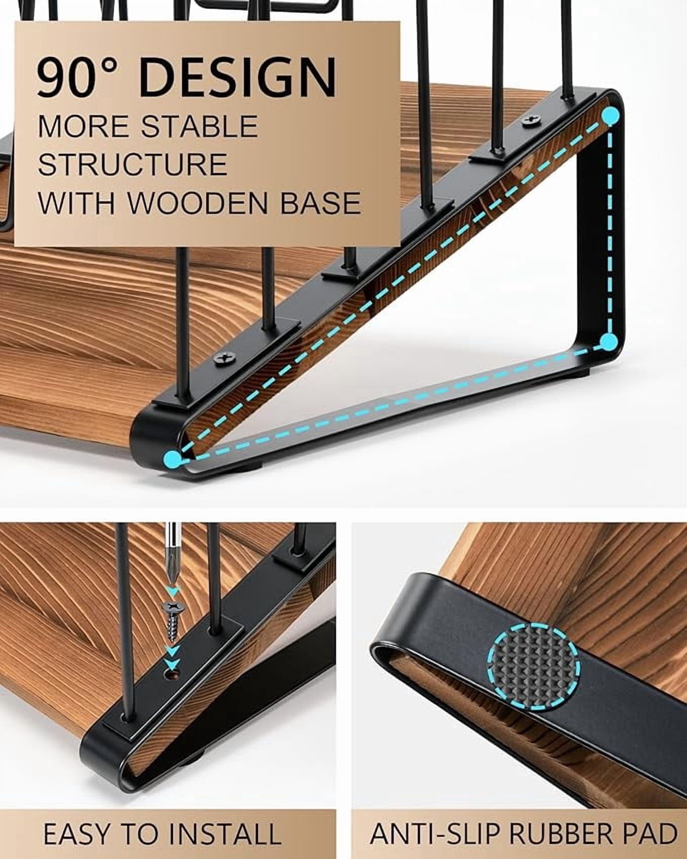 Inclined Desk File Organizer, 5-Section Vertical File Folder Holder Stand, Metal File Sorter Rack with Wooden Base, D... - Image 5