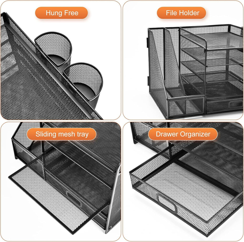 Desk Organizer with File Holder, 5-Tier Desktop File Organizer with Drawer and 2 Pen Holders, Desk File Organizer for... - Image 3