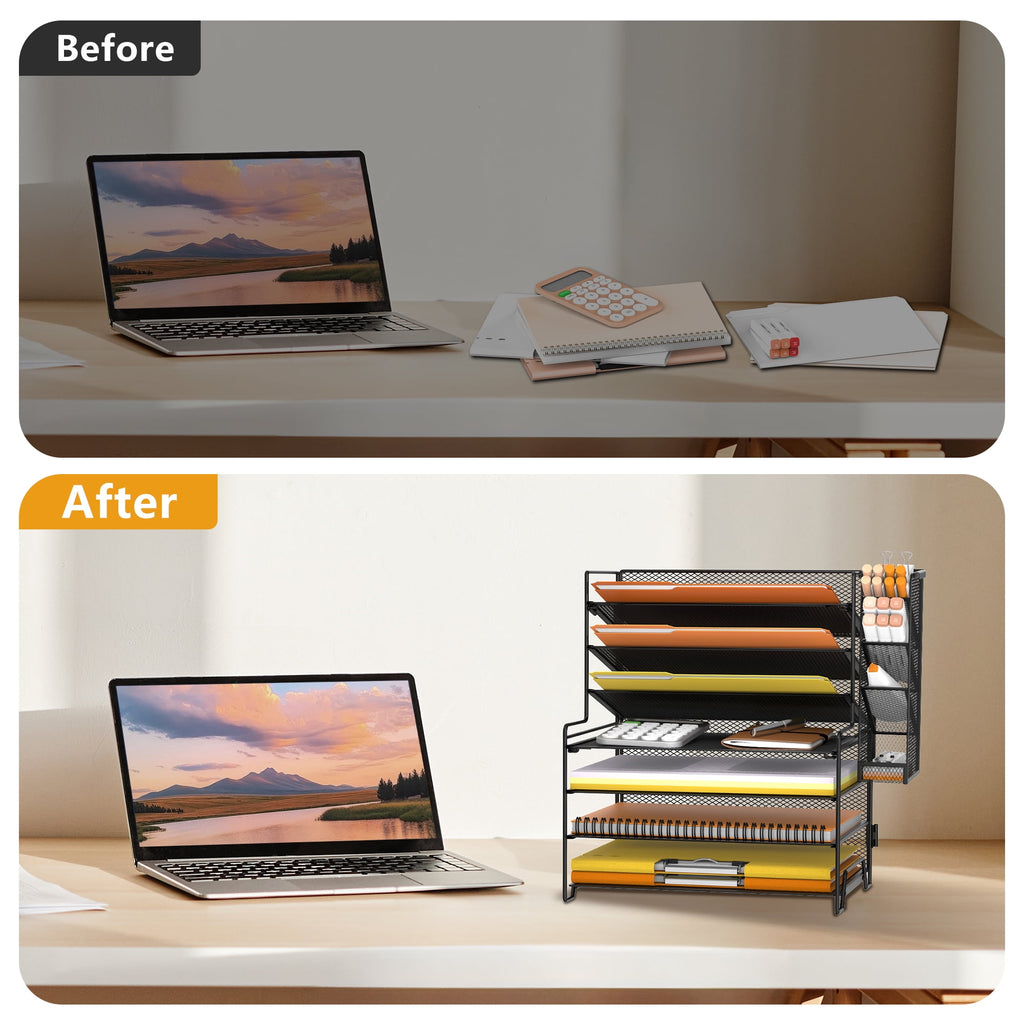 7-Tier Metal Mesh Desk File Organizer with 4 Pen Holder, Paper Organizer, Black - Image 3
