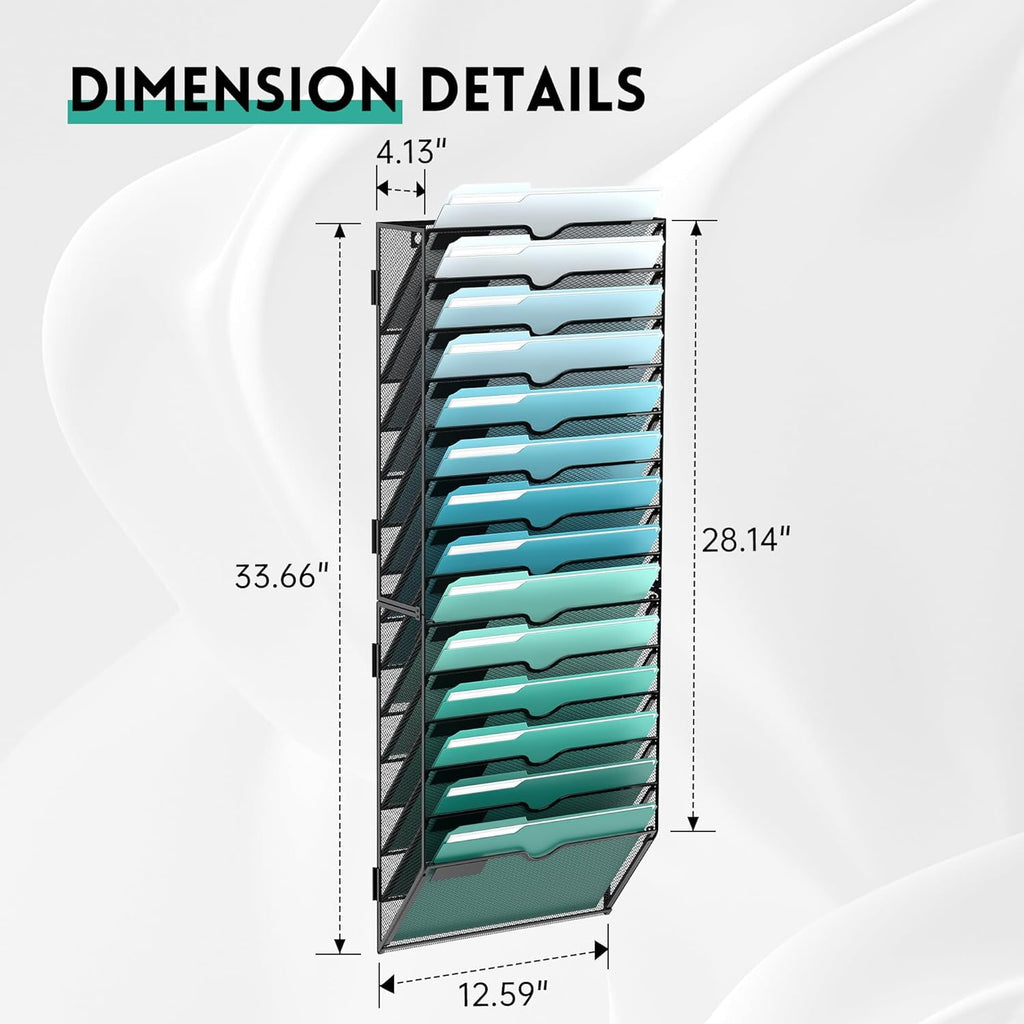 14-Tier Metal Wall Organizer, Mount Hanging File Organizer for Home, Office, Black, Screw Installation - Image 4
