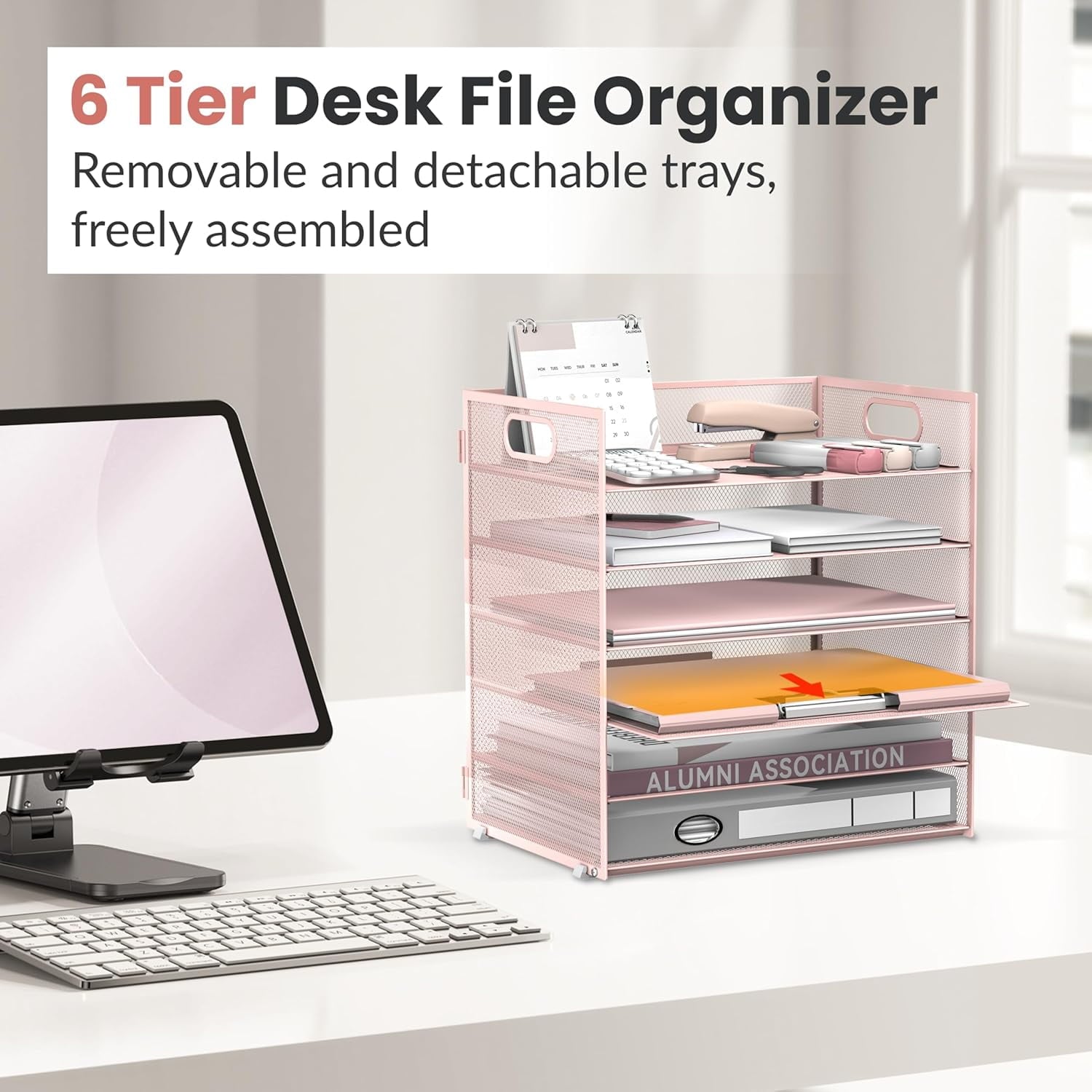 6 Tier Paper Organizer for Desk, Paper Letter Tray Organizer, Metal Mesh Desk File Organizers with Handle for Office/... - Image 4