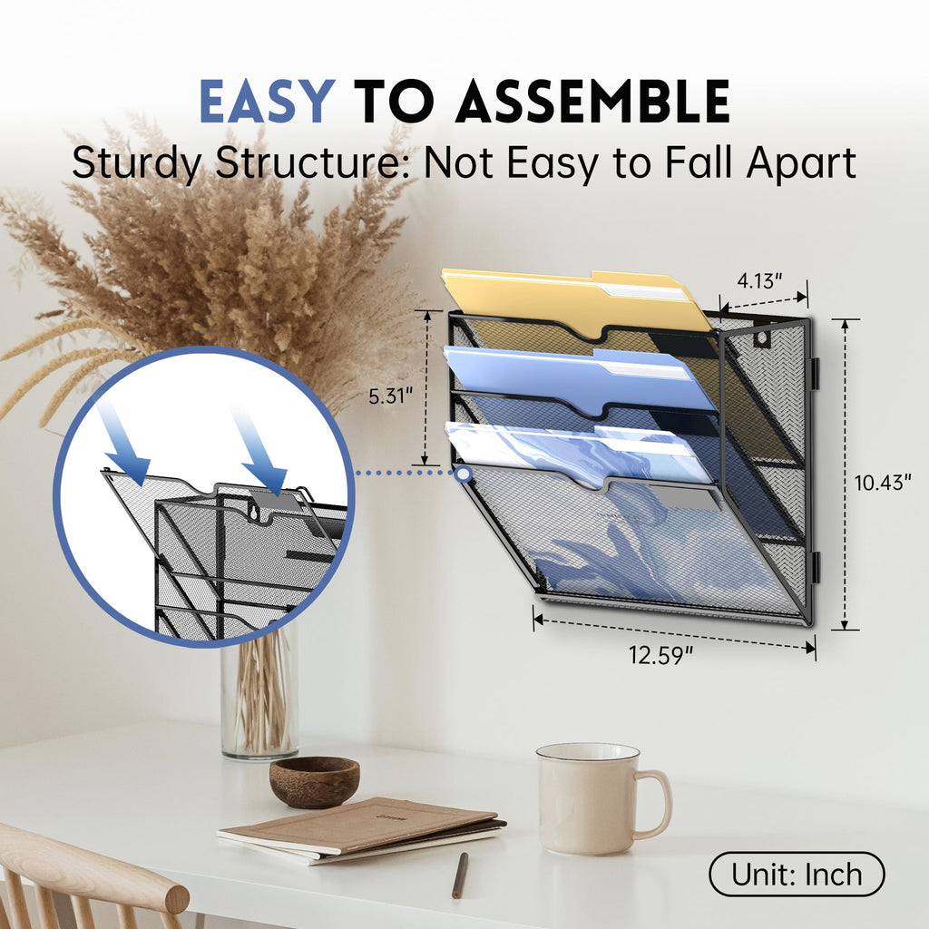 INTIGE 3 Tier Metal Wall File Holder, Hanging File Organizer for Papers & Folders, Black - Image 4