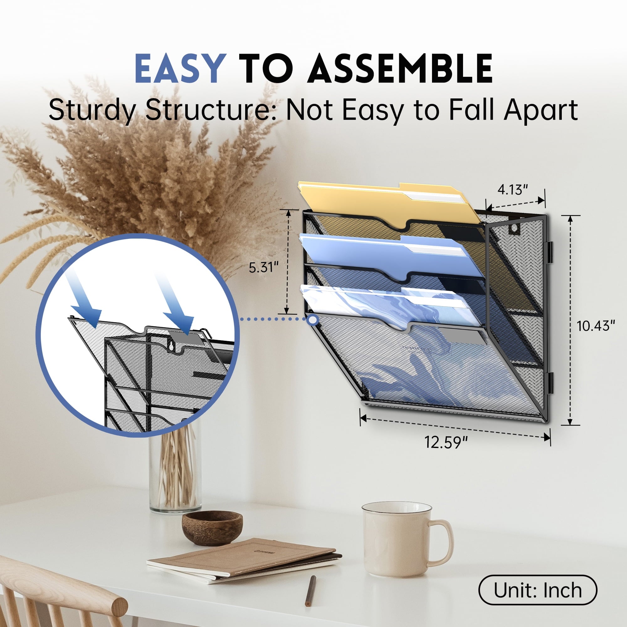 INTIGE 3 Tier Metal Wall File Holder, Hanging File Organizer for Papers & Folders, Black - Image 4