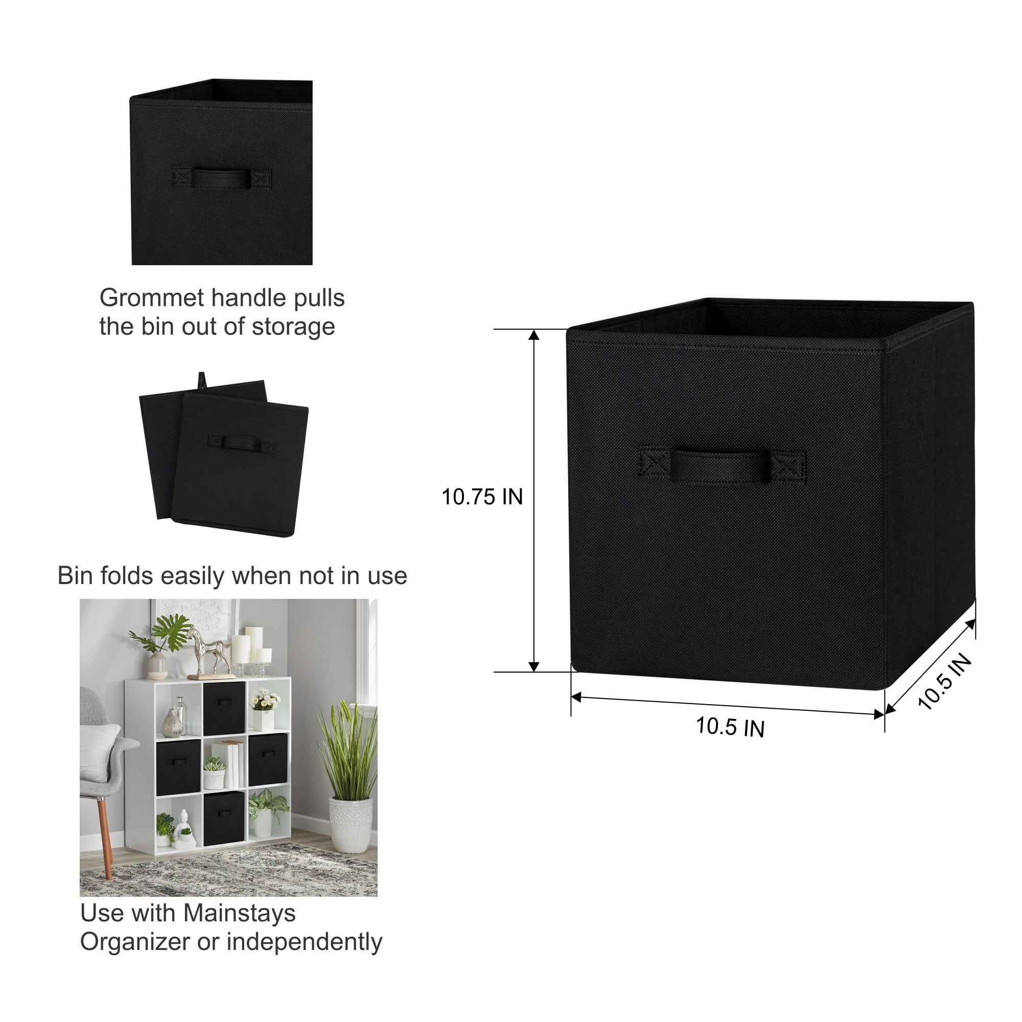 Mainstays Collapsible Cube Fabric Storage Bins (10.5" x 10.5"), 6 Pack, Rich Black - Image 3