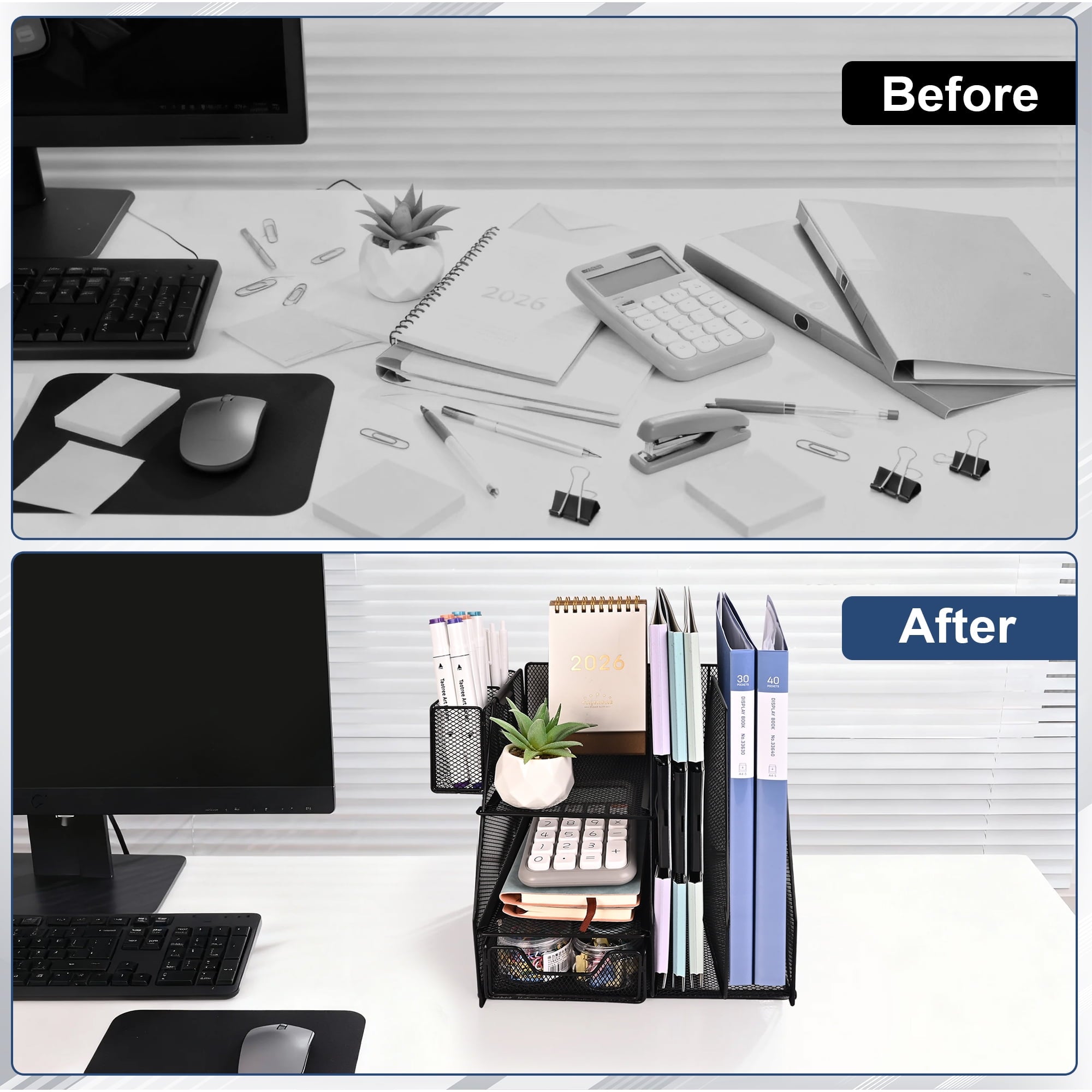 for with 2-Tier Paper Letter Tray, Drawer and 2 Pen Holder, Mesh top Organization with Magazine Holder for Office Sup... - Image 5